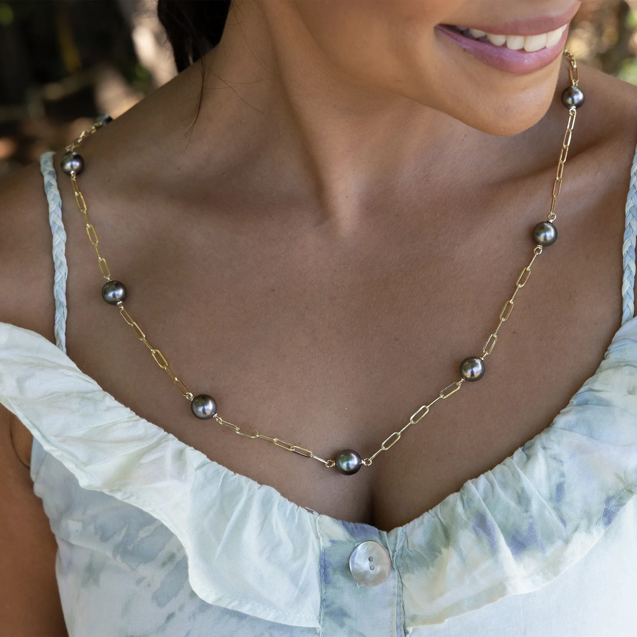 Adjustable 34-35&quot; Tahitian Black Pearl Paperclip Chain Necklace in Gold - 10-11mm