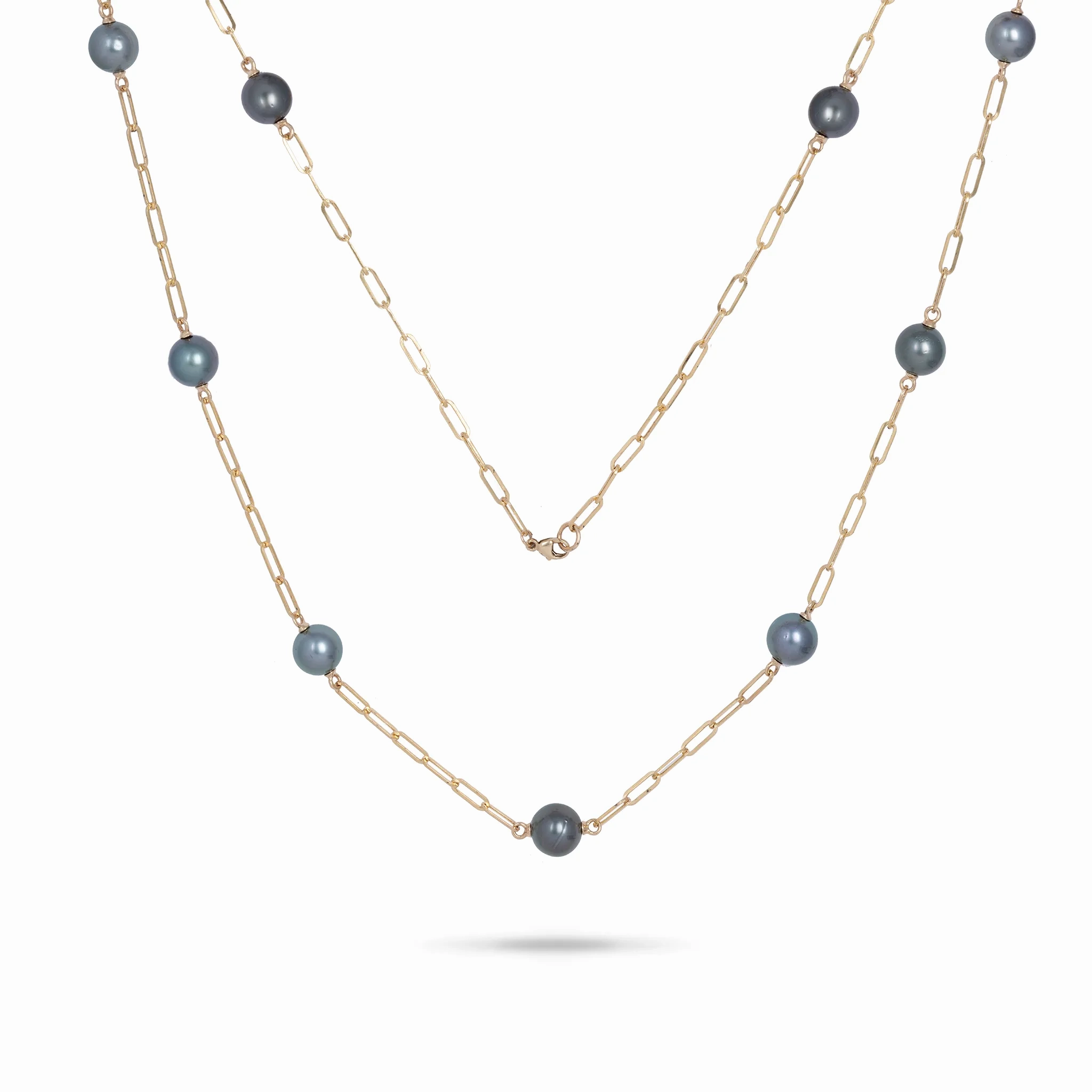 Adjustable 34-35&quot; Tahitian Black Pearl Paperclip Chain Necklace in Gold - 10-11mm