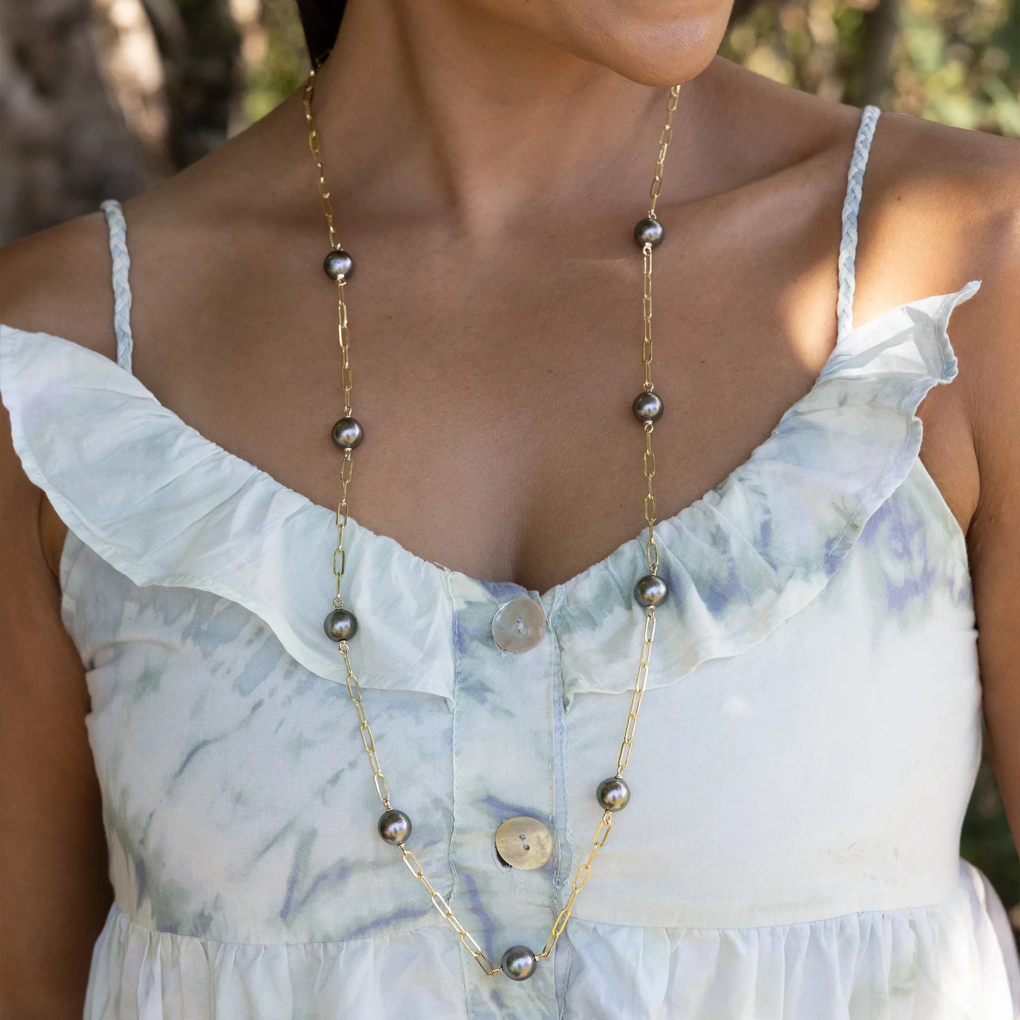 Adjustable 34-35&quot; Tahitian Black Pearl Paperclip Chain Necklace in Gold - 10-11mm