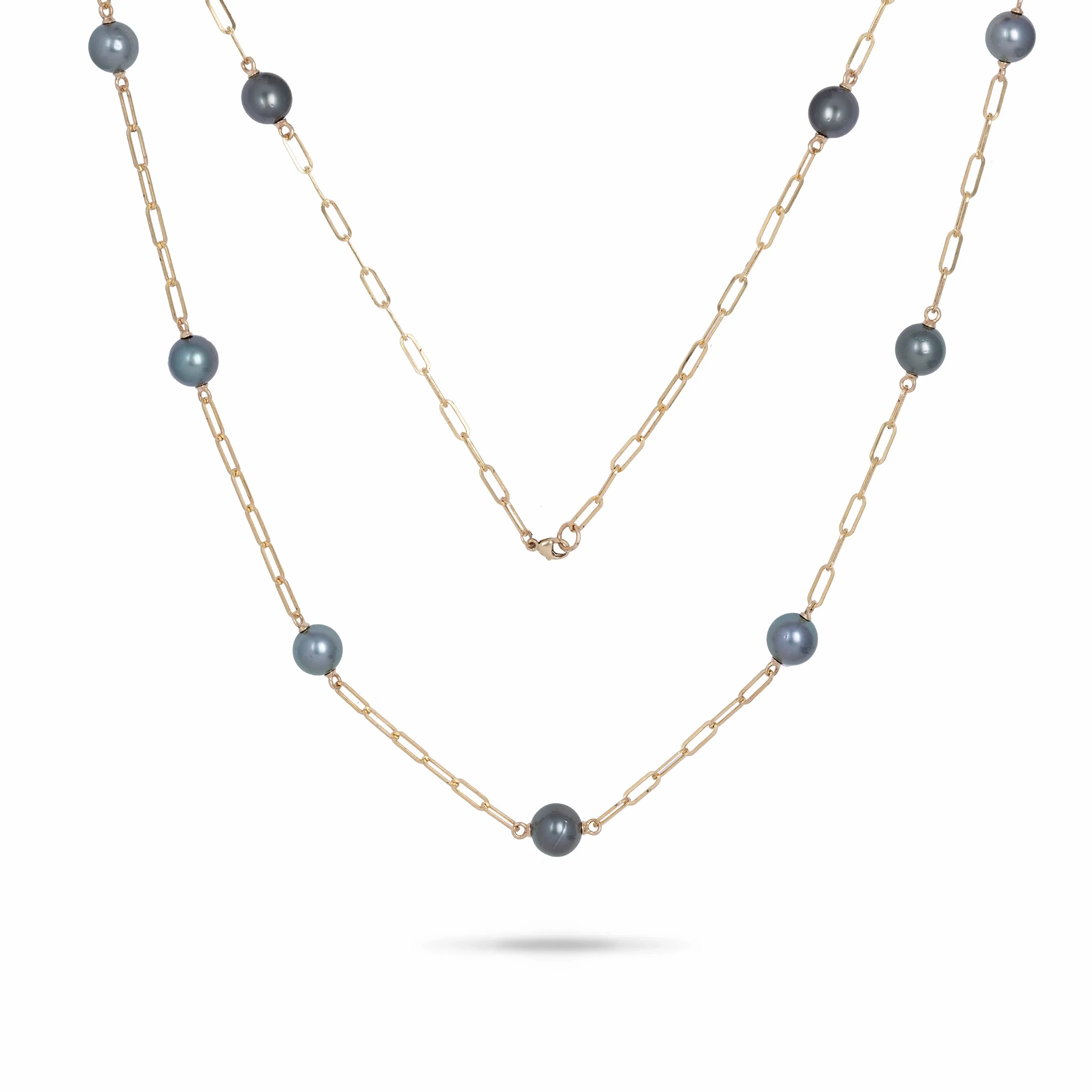 Adjustable 34-35&quot; Tahitian Black Pearl Paperclip Chain Necklace in Gold - 10-11mm