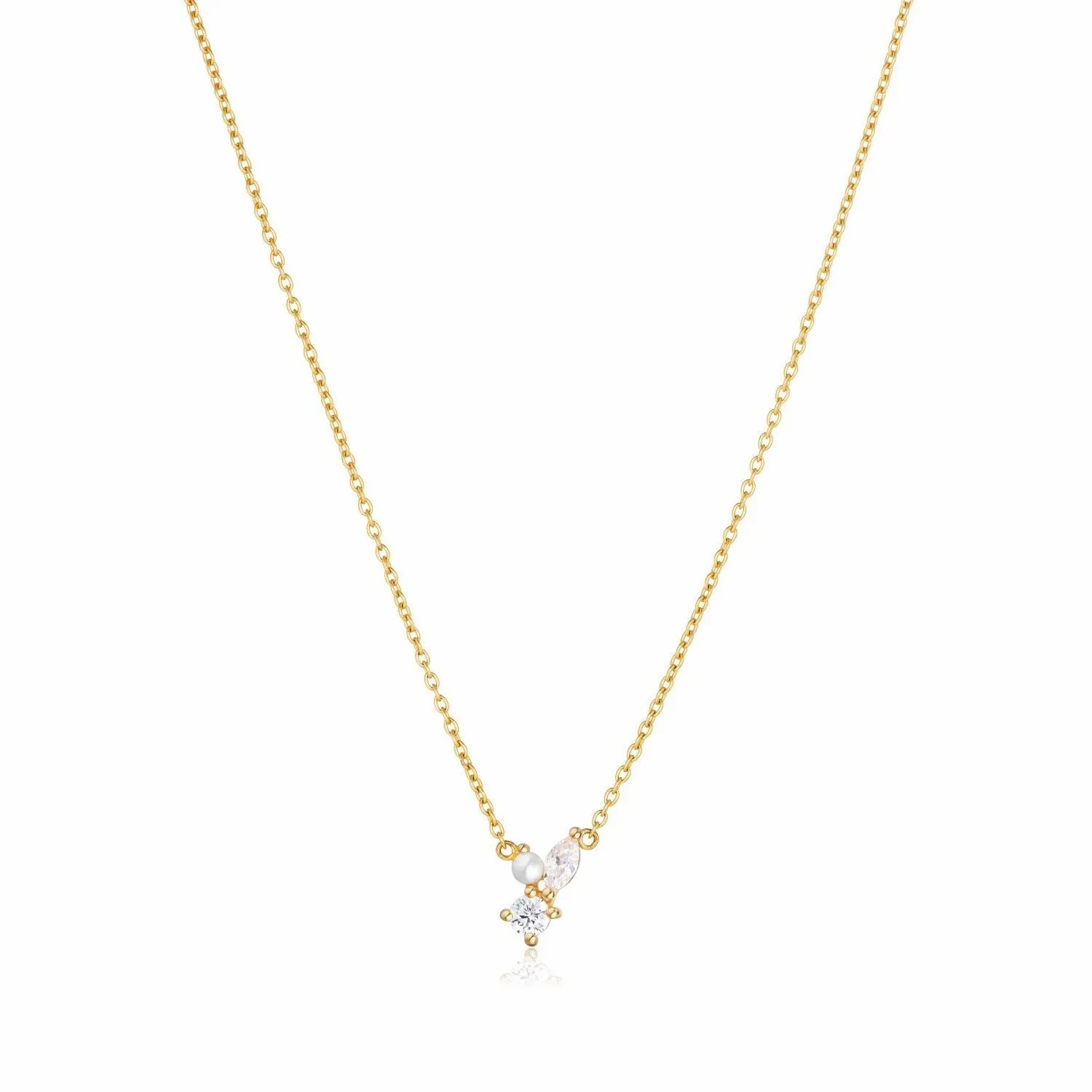 Adria Tre Piccolo Gold Plated Necklace w. White Zirconias &amp; Pearl