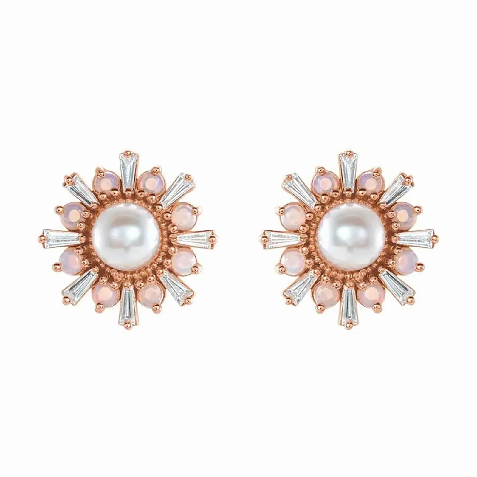 Akoya Pearl, Opal, and Diamond Halo Earrings