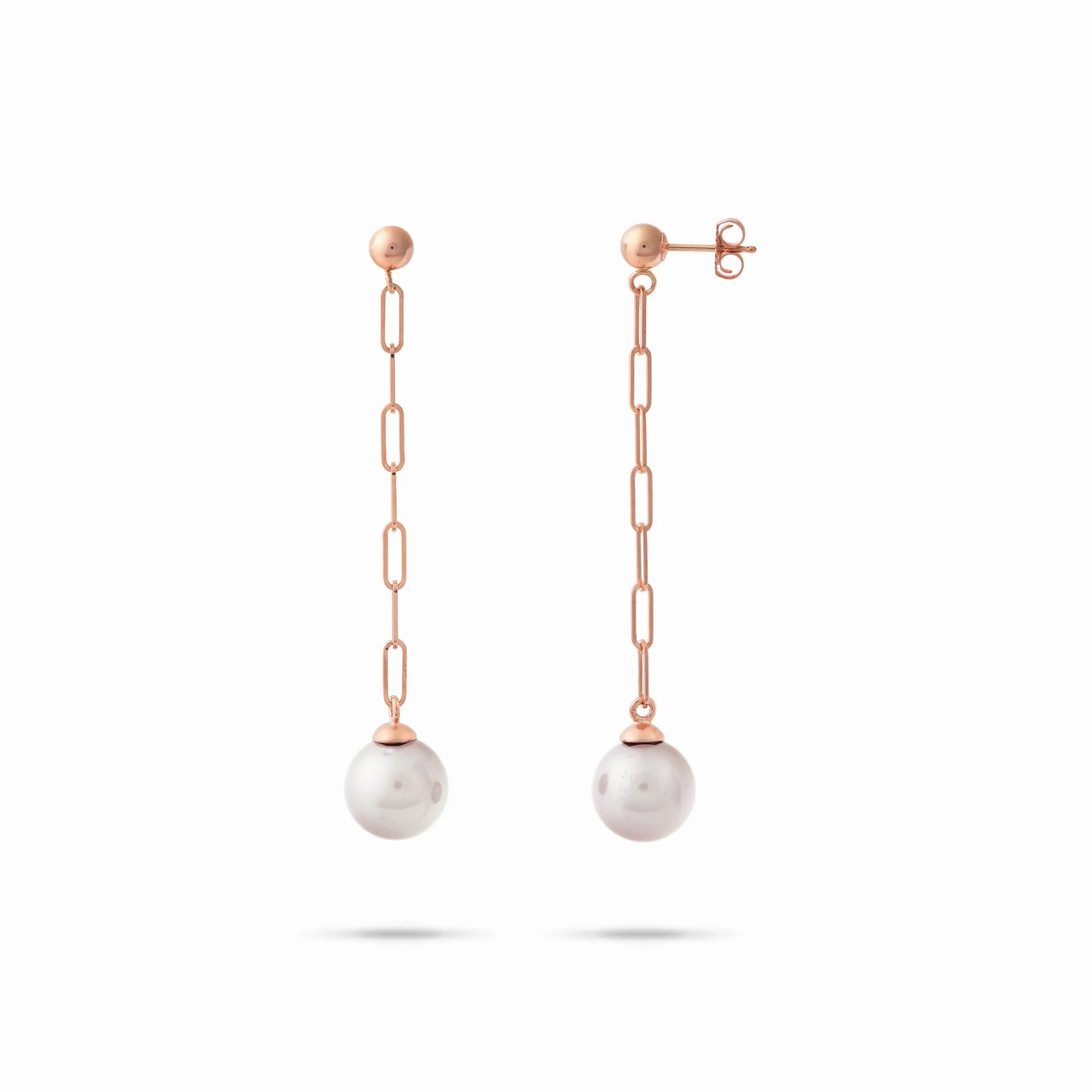 Akoya White Pearl Paperclip Chain Earrings in Rose Gold - 8mm
