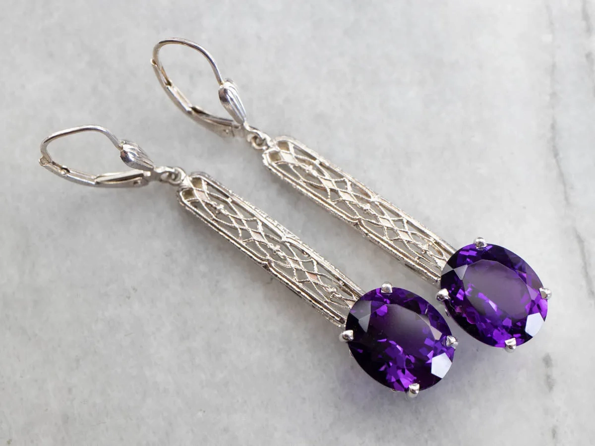 Amethyst Filigree Drop Earrings in White Gold