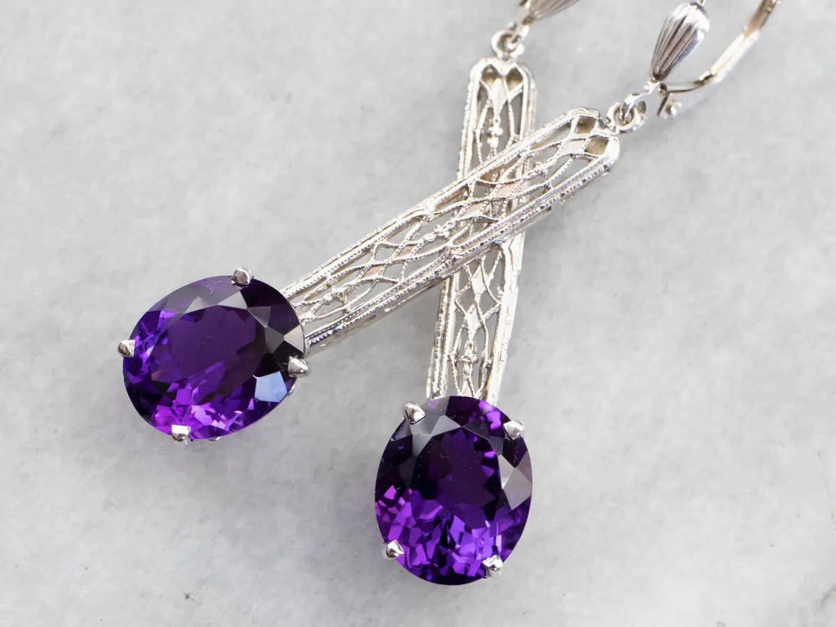 Amethyst Filigree Drop Earrings in White Gold