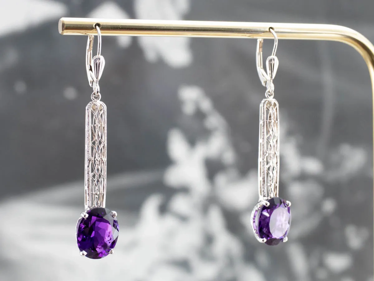 Amethyst Filigree Drop Earrings in White Gold