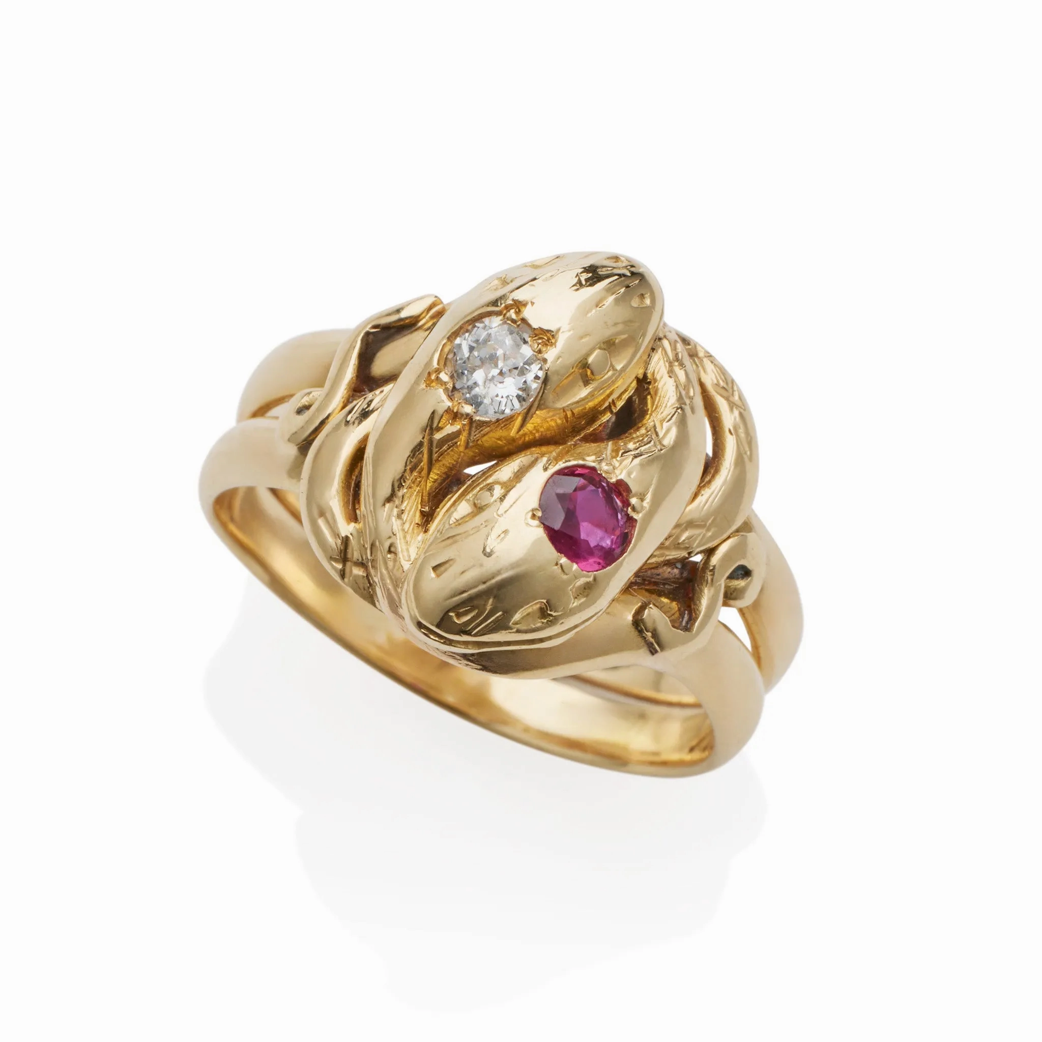Antique 18K Gold, Ruby and Diamond Double Snake Ring
