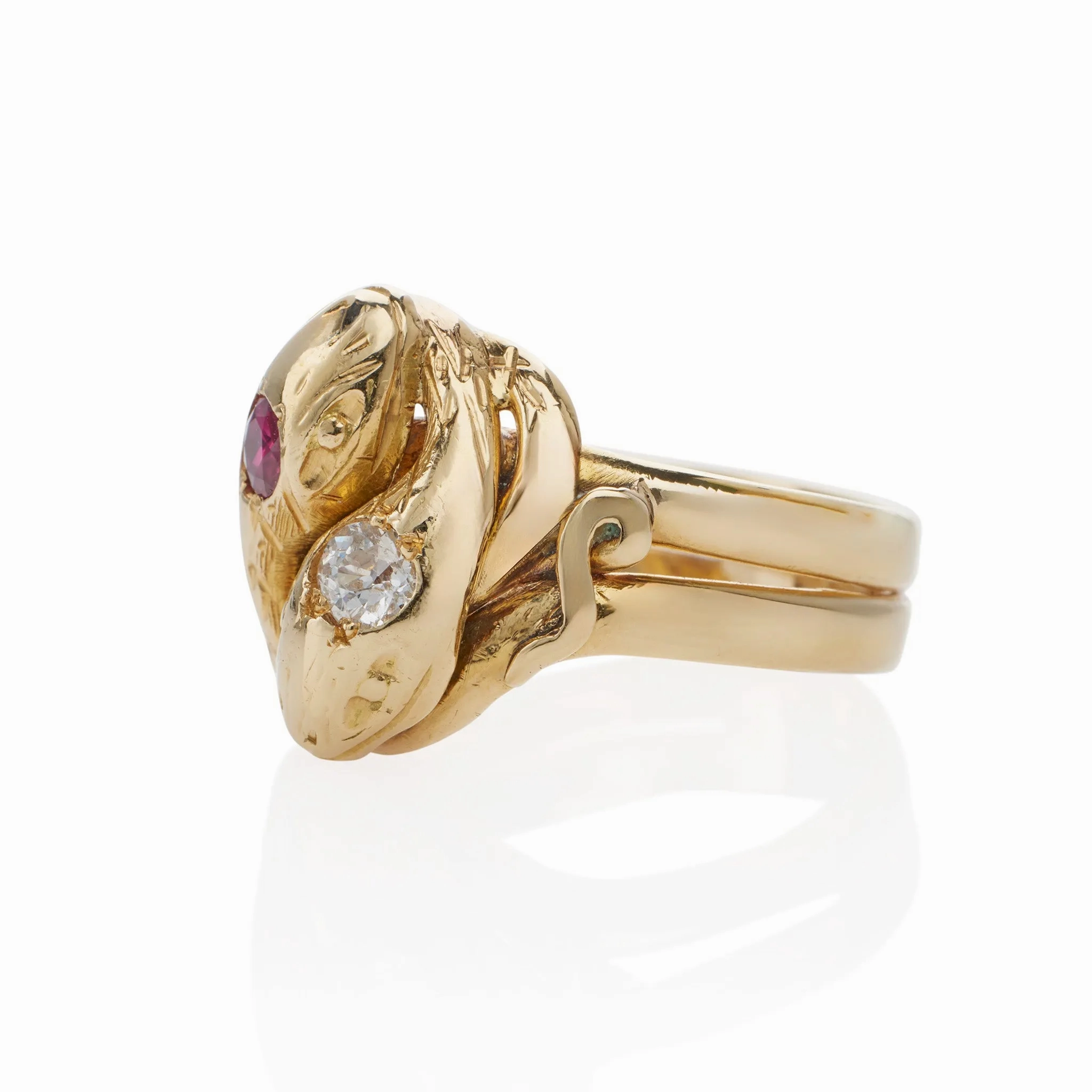 Antique 18K Gold, Ruby and Diamond Double Snake Ring