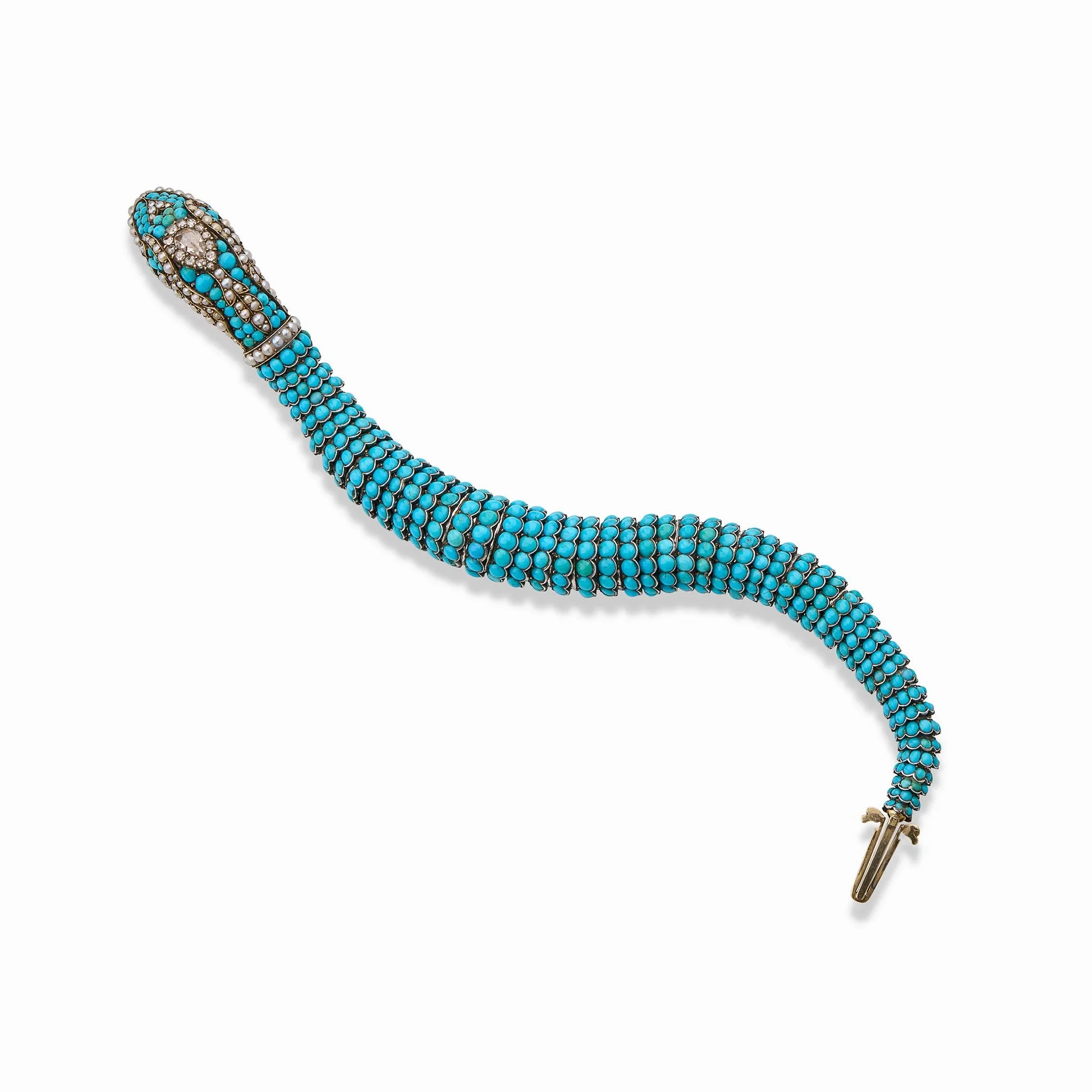 Antique Turquoise, Diamond and Pearl Snake Bracelet