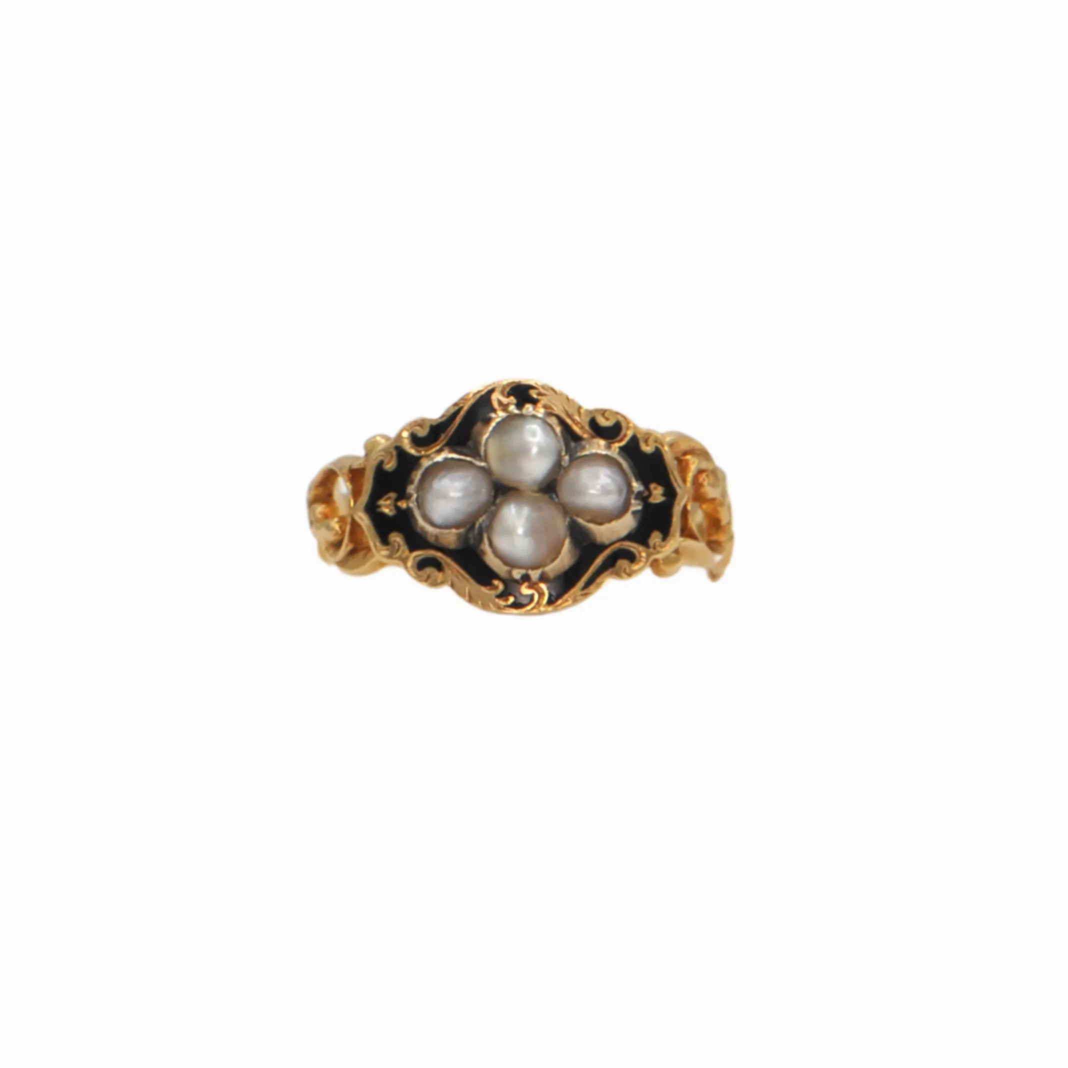 Antique Victorian Seed Pearl and Enamel 18k Gold Mourning Ring