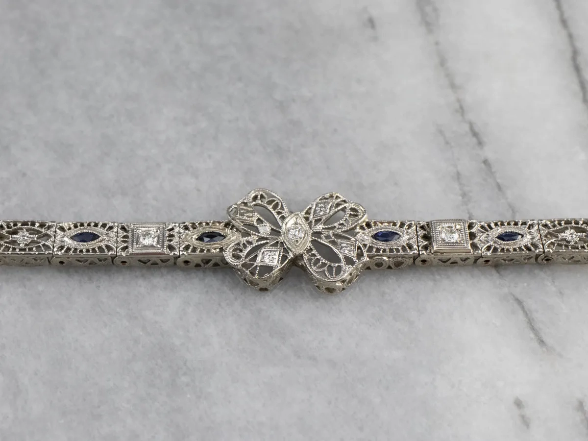 Art Deco Diamond Filigree Bow Link Bracelet