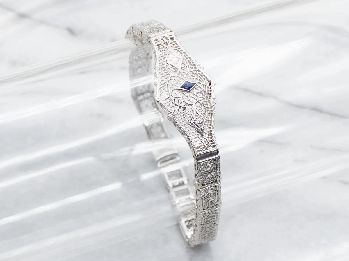 Art Deco Synthetic Sapphire and Diamond Filigree Bracelet