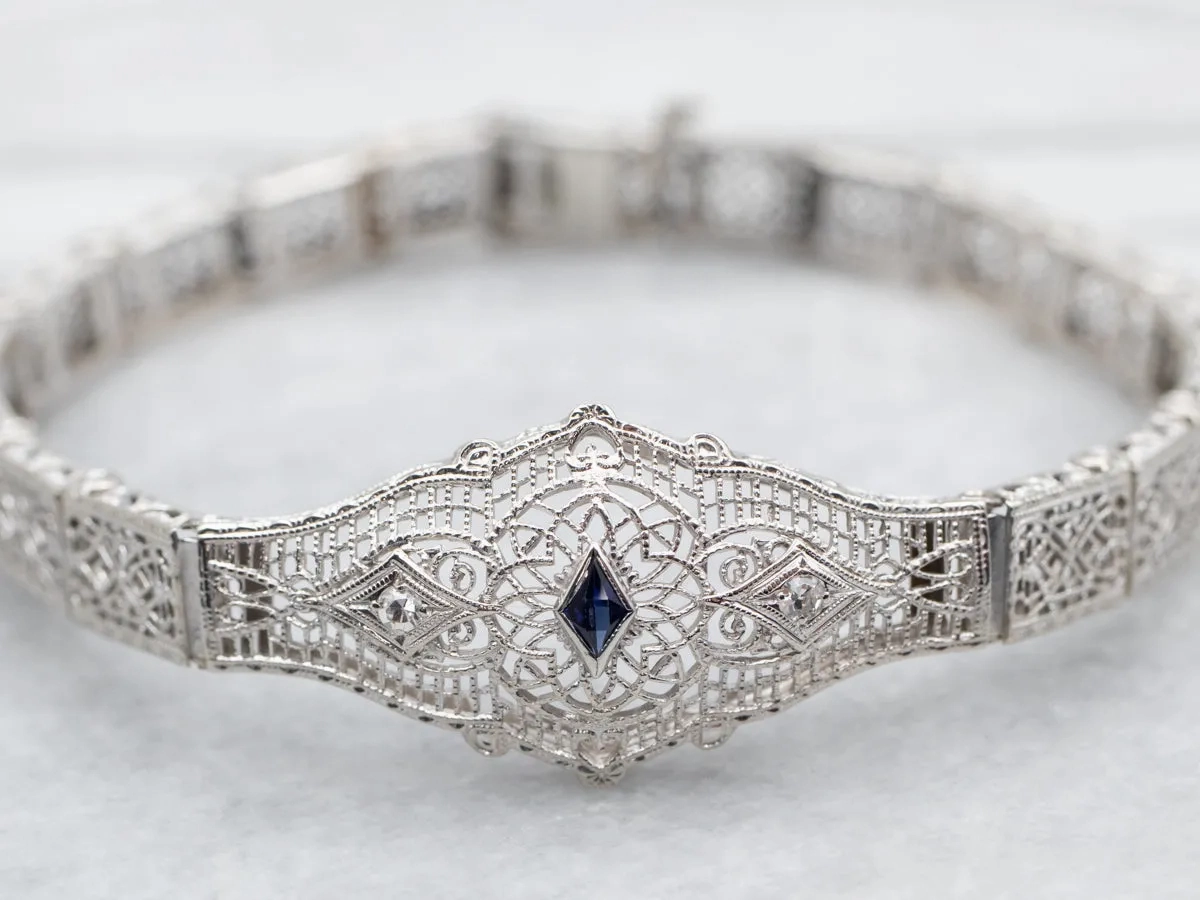 Art Deco Synthetic Sapphire and Diamond Filigree Bracelet
