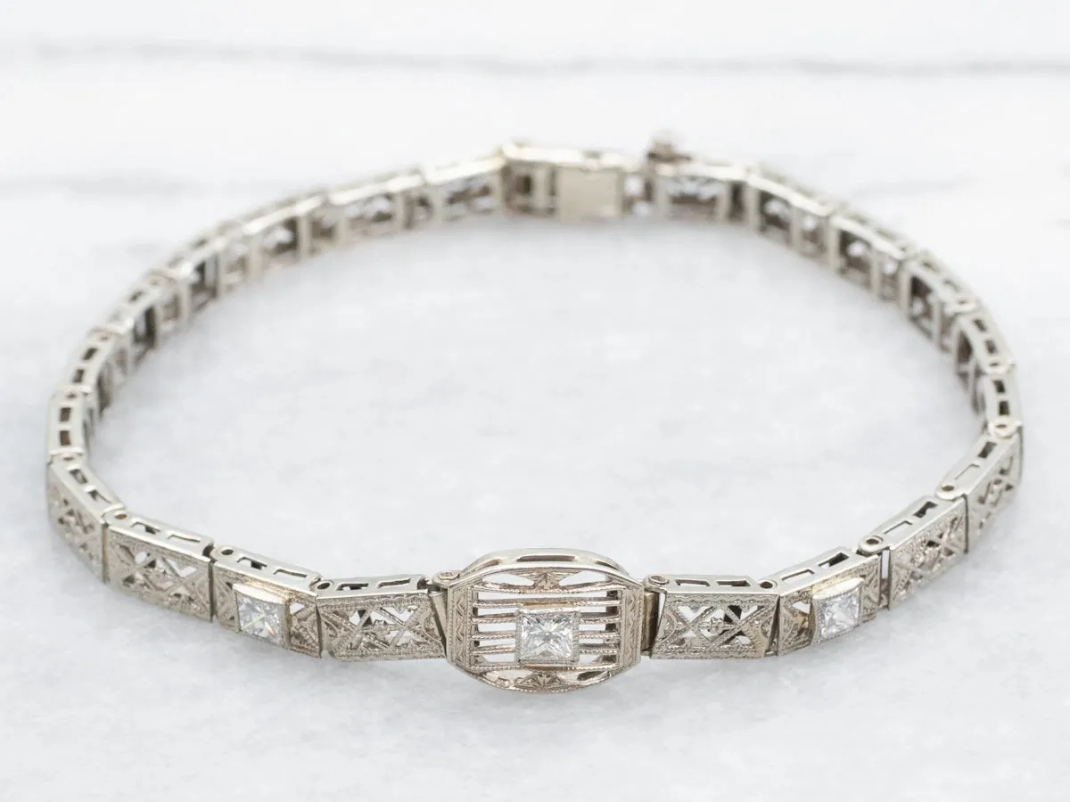Art Deco White Gold Diamond Filigree Link Bracelet