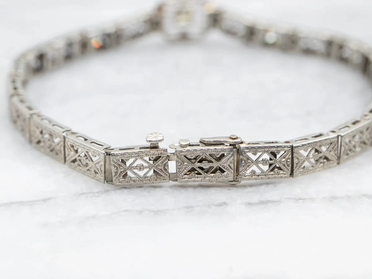 Art Deco White Gold Diamond Filigree Link Bracelet