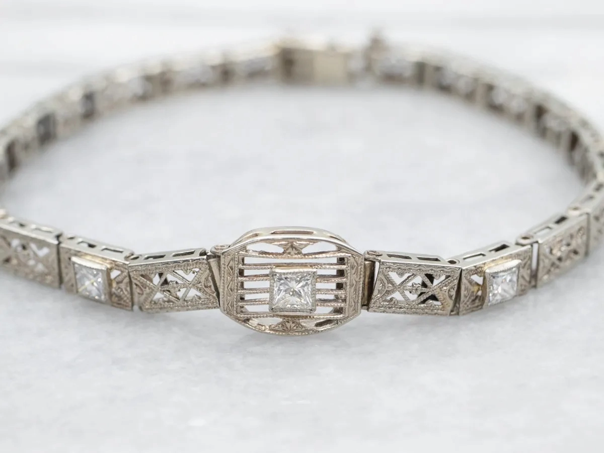 Art Deco White Gold Diamond Filigree Link Bracelet