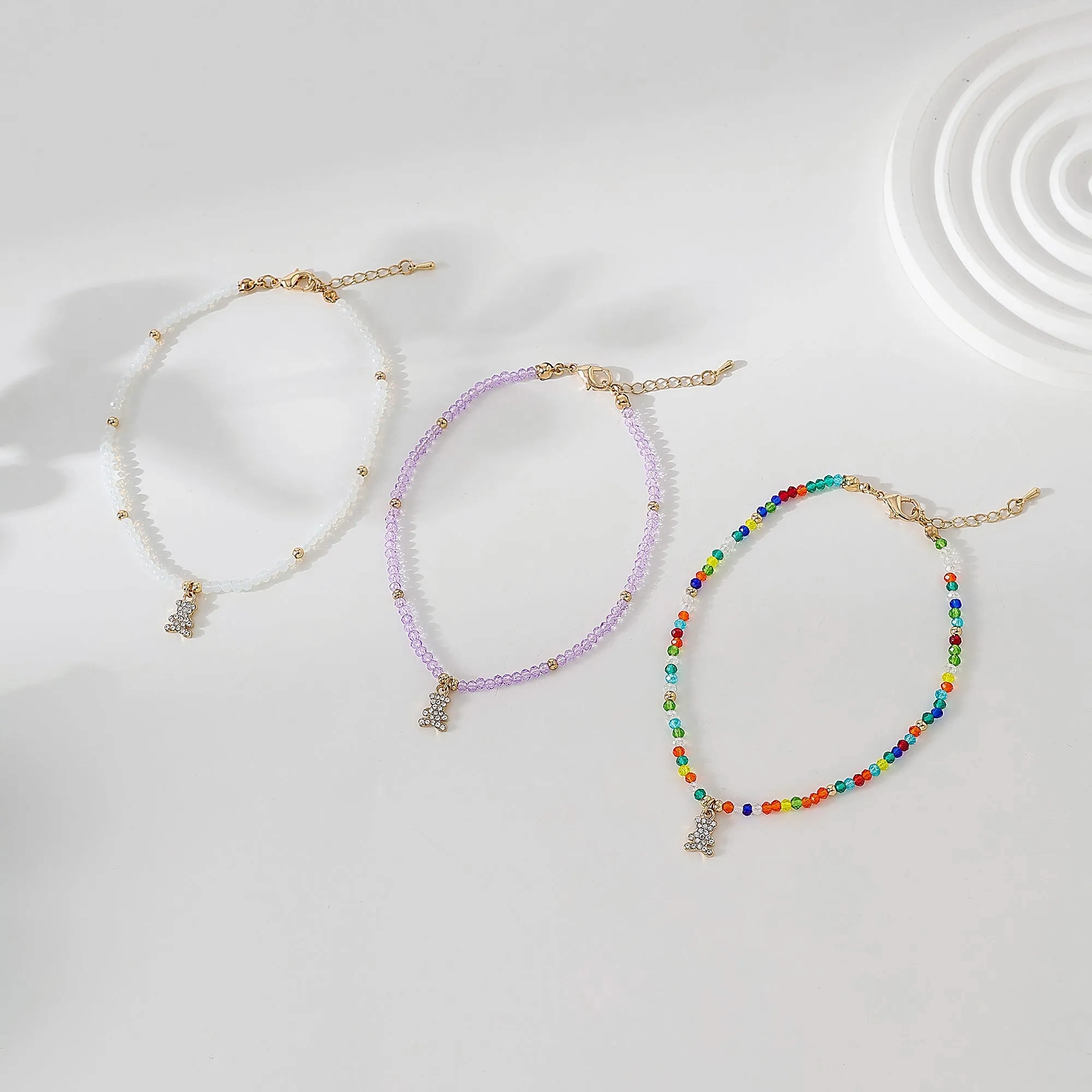 Assorted beaded Anklet with small crystal Bear charm