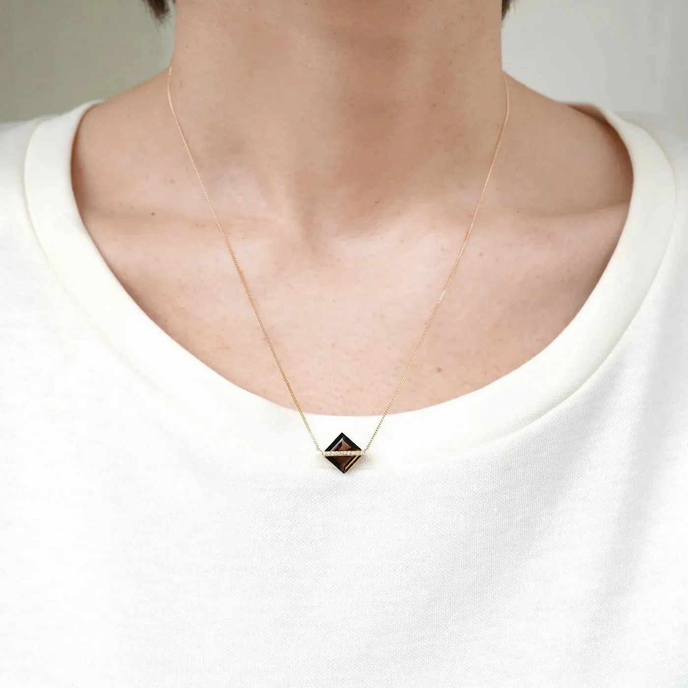 Band 18K Gold Necklace w. Smoky Quartz &amp; Diamonds