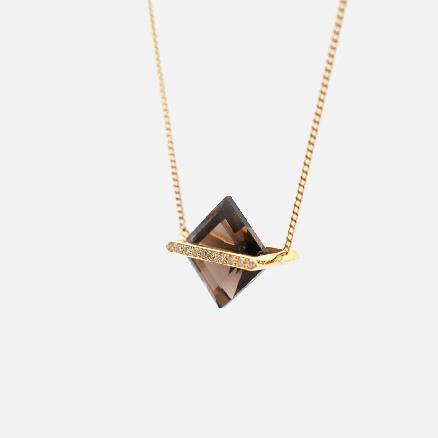 Band 18K Gold Necklace w. Smoky Quartz &amp; Diamonds
