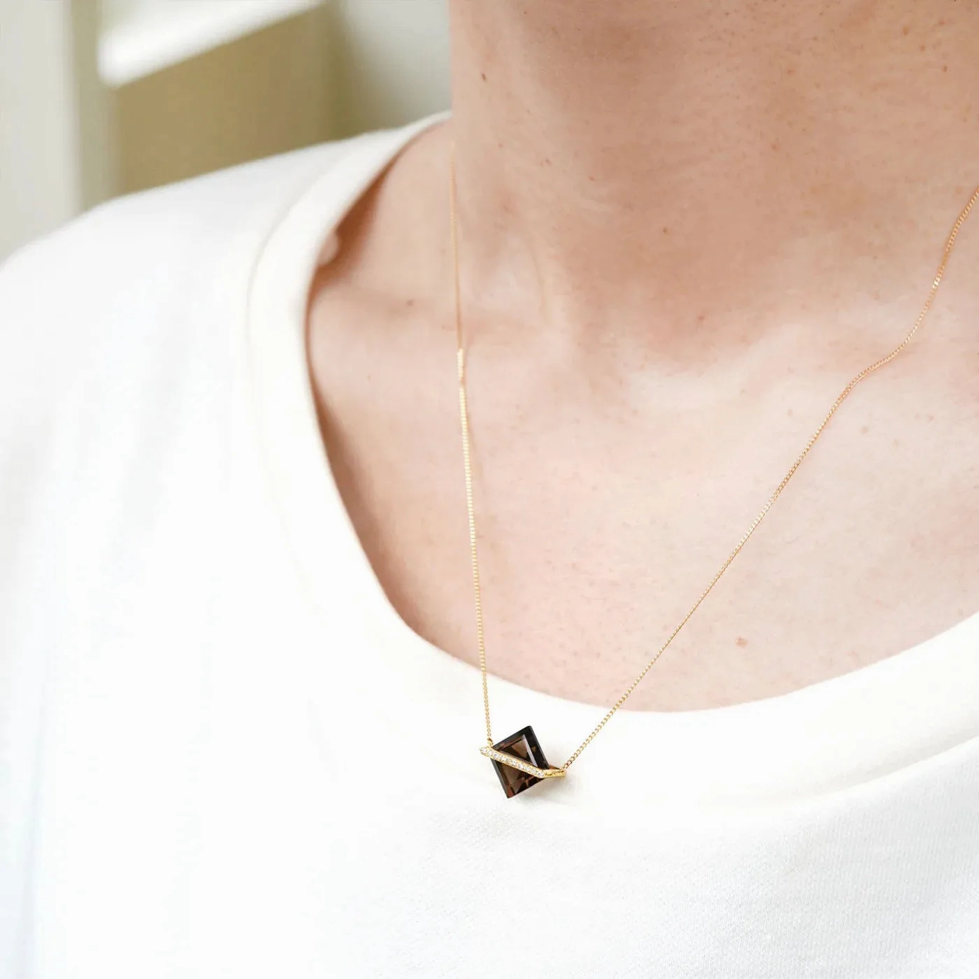 Band 18K Gold Necklace w. Smoky Quartz &amp; Diamonds