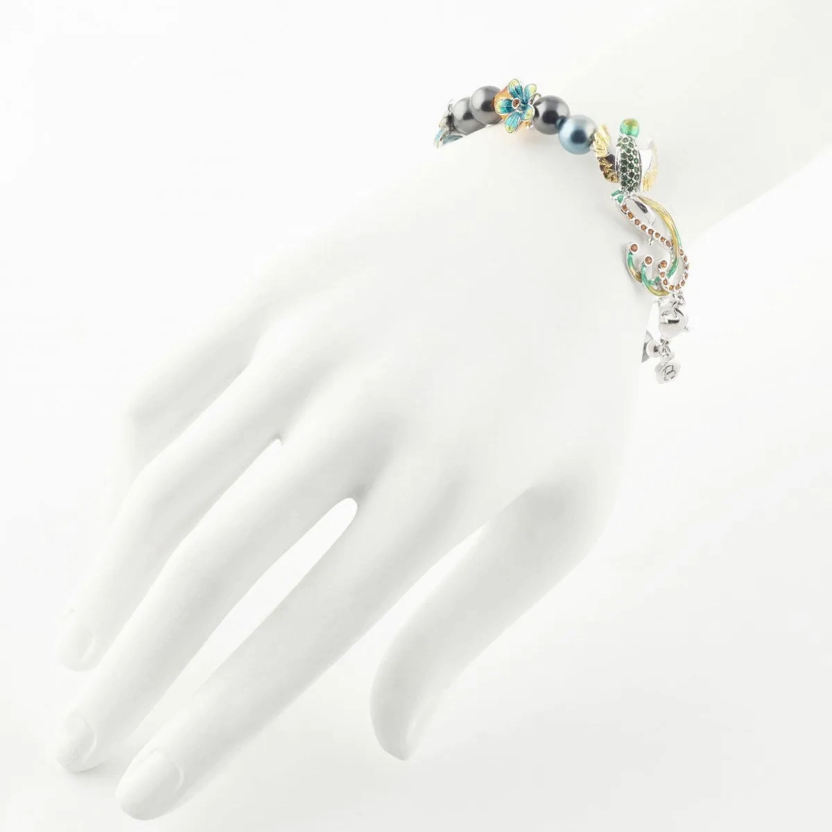 Bill Skinner Bird of Paradise Bracelet Silver Pearl Green Enamel Crystal