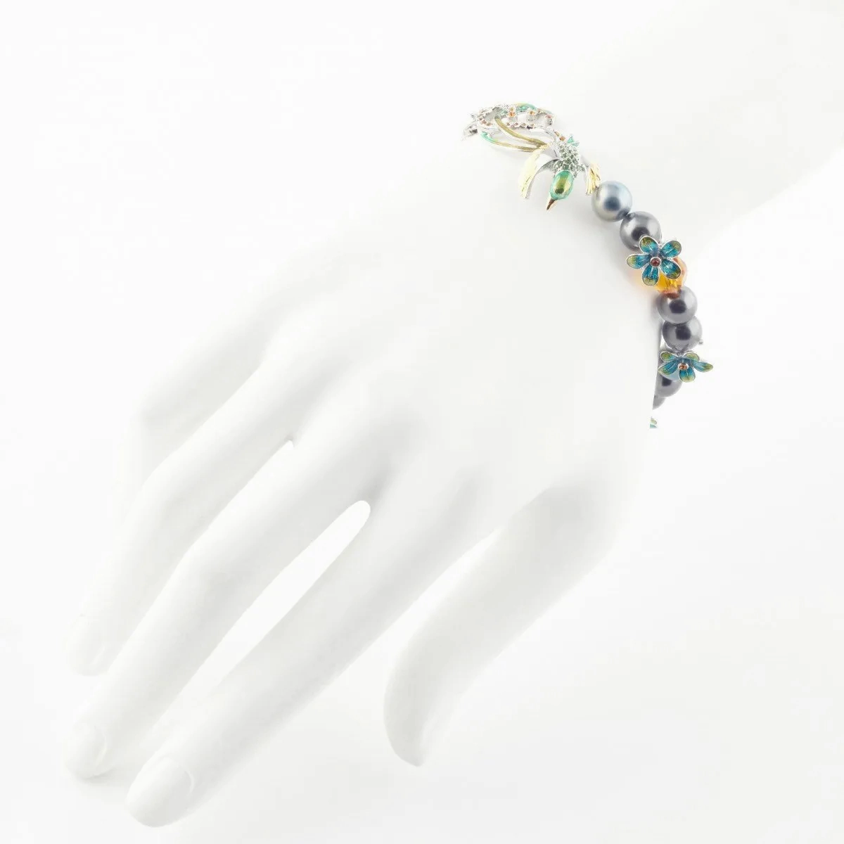 Bill Skinner Bird of Paradise Bracelet Silver Pearl Green Enamel Crystal