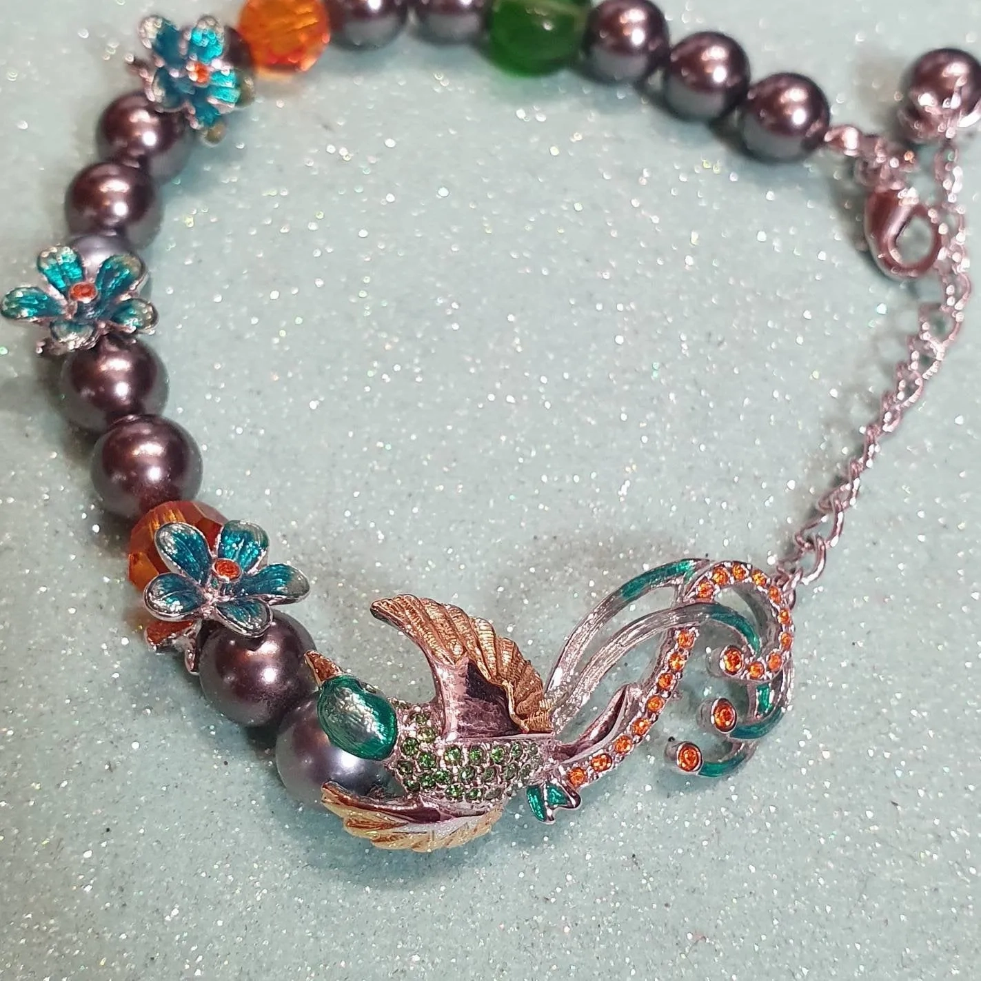 Bill Skinner Bird of Paradise Bracelet Silver Pearl Green Enamel Crystal