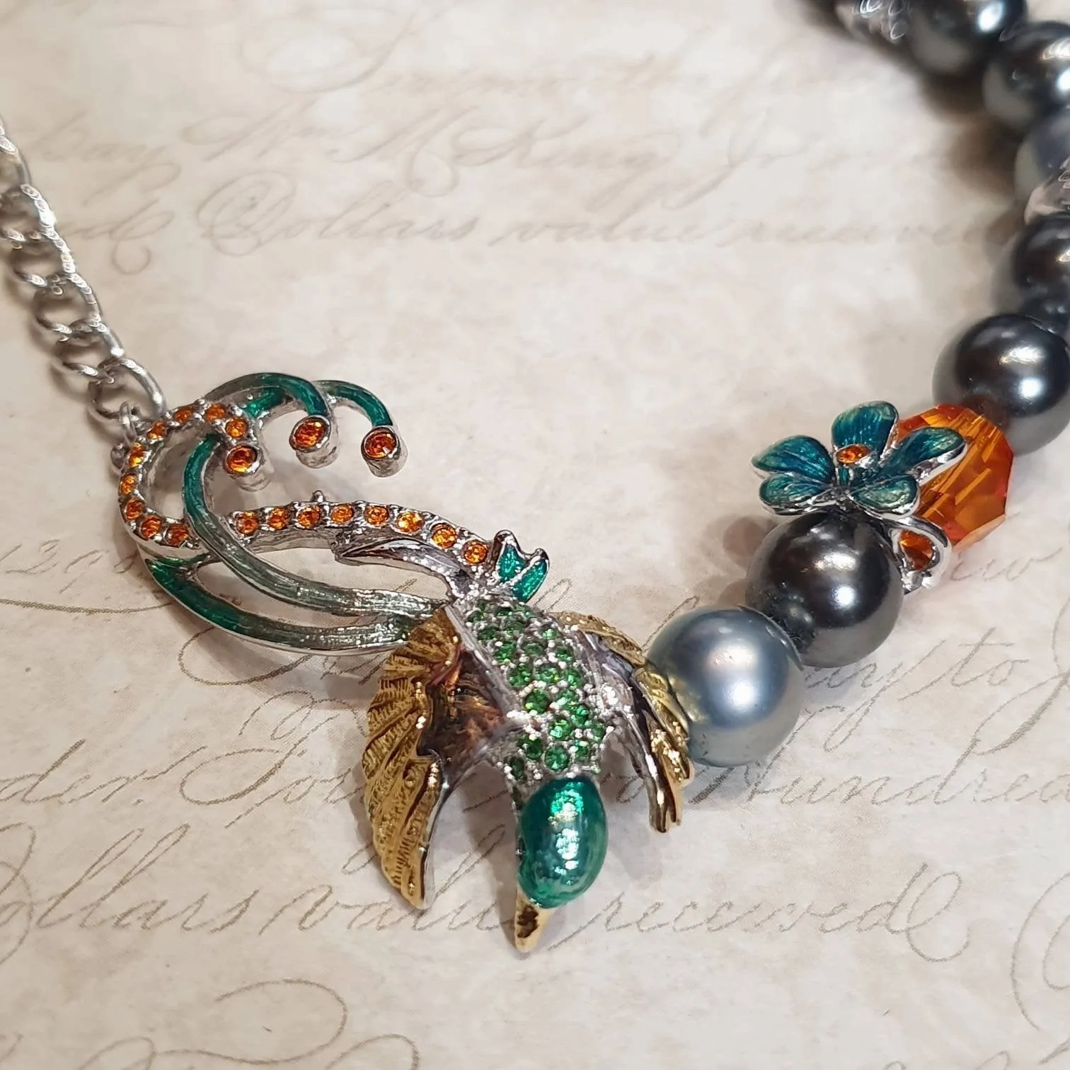 Bill Skinner Bird of Paradise Bracelet Silver Pearl Green Enamel Crystal