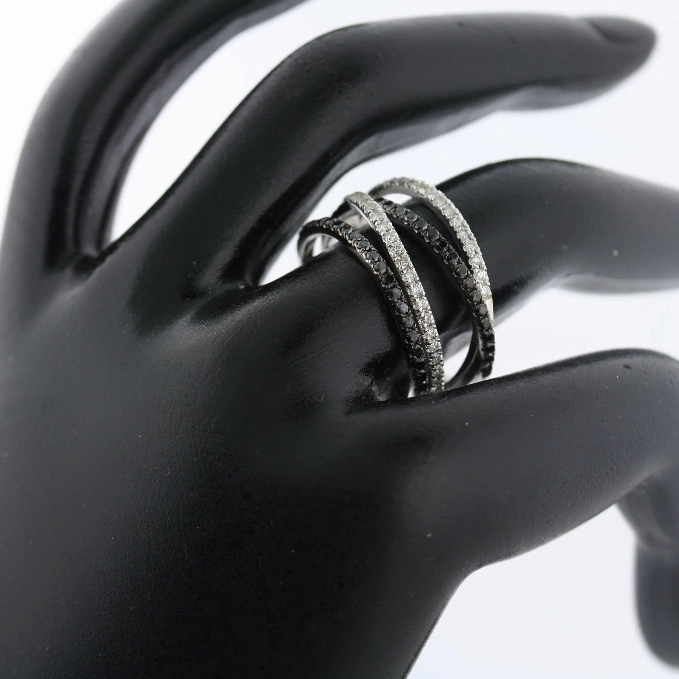 Black and White Diamonds Wide Ring 14K White Gold Crisscross Band