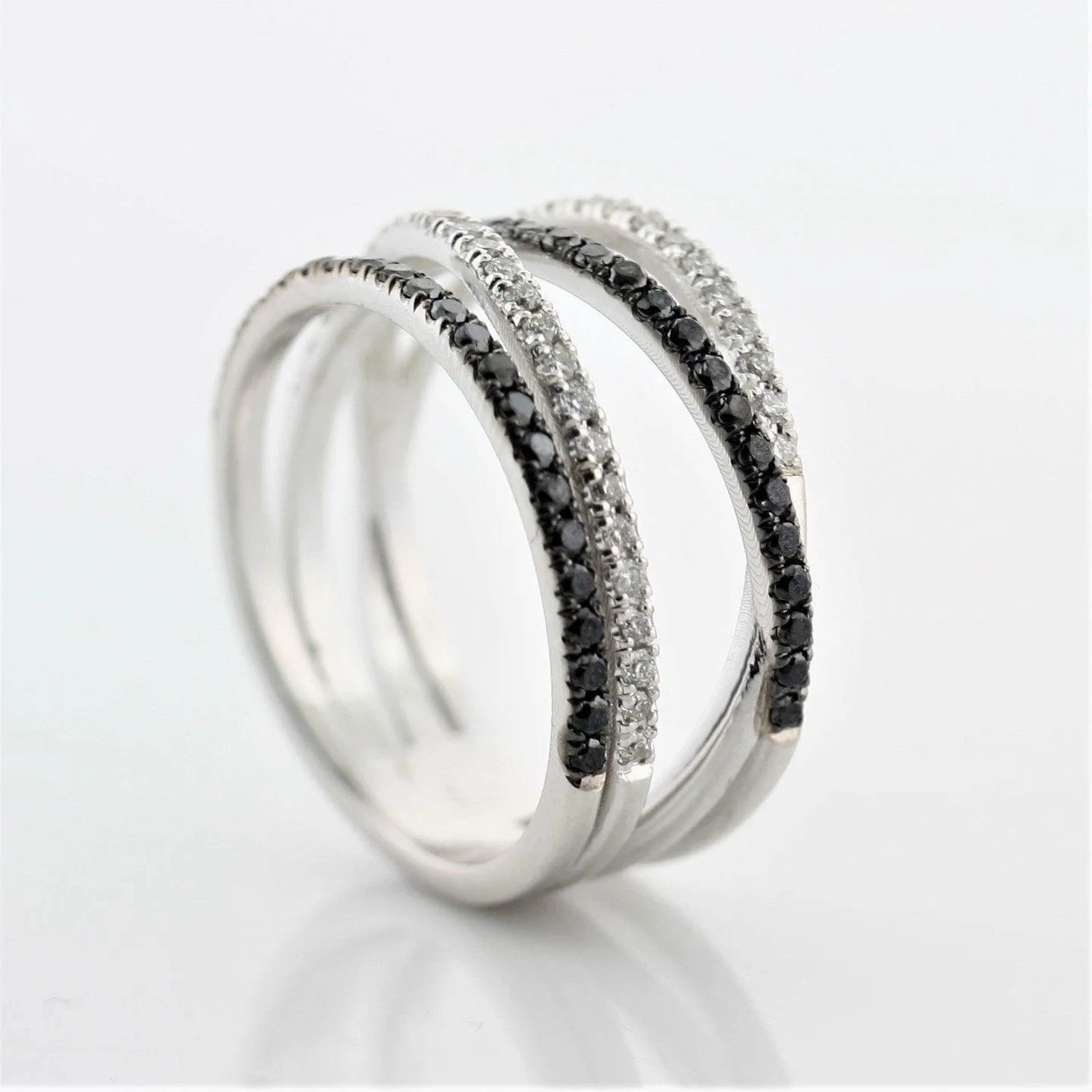 Black and White Diamonds Wide Ring 14K White Gold Crisscross Band