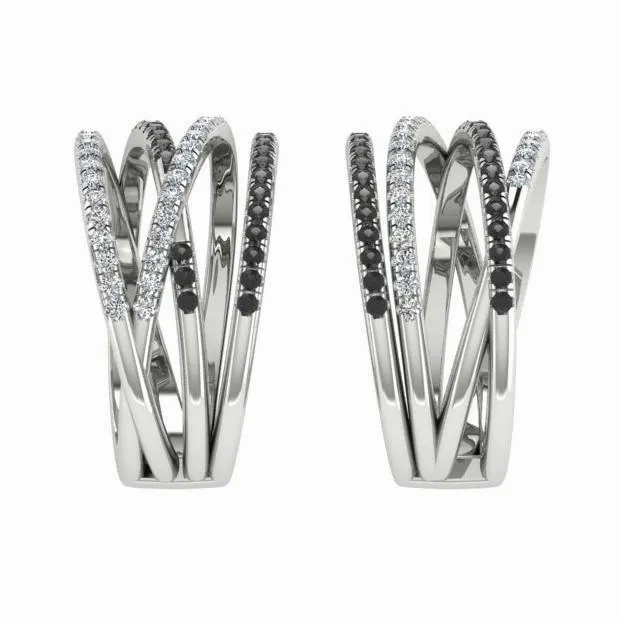 Black and White Diamonds Wide Ring 14K White Gold Crisscross Band