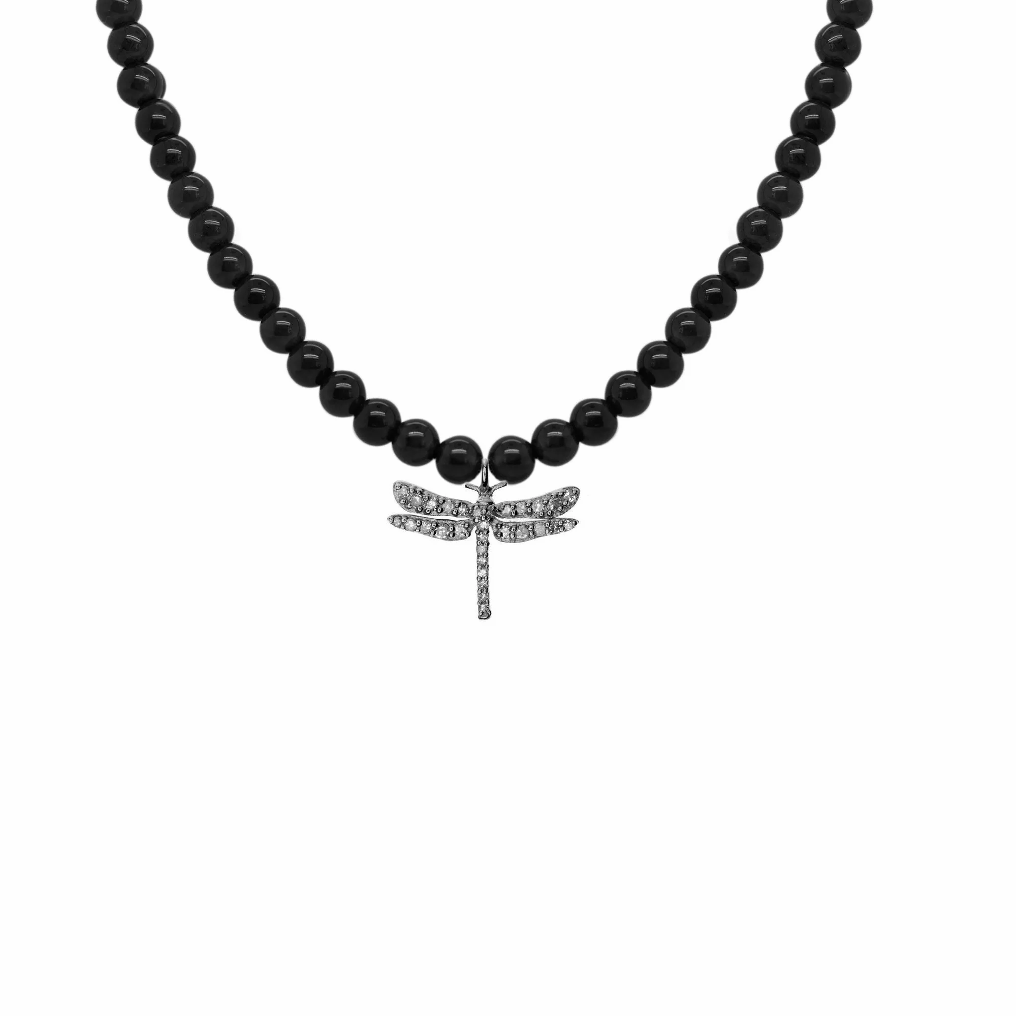 Black Dragonfly Oxidized Silver Necklace w. Onyx &amp; Diamond