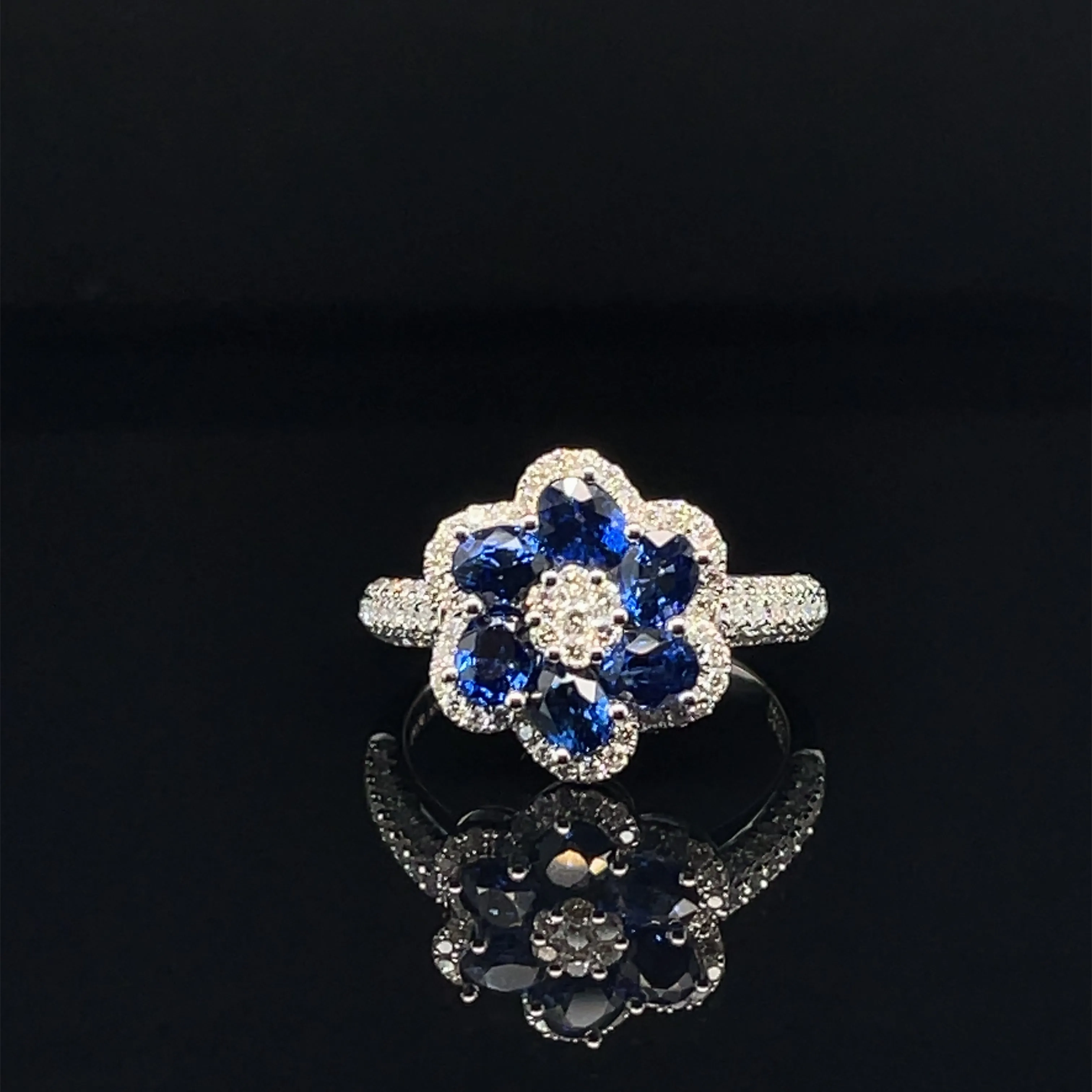 Blue Sapphire &amp; Diamond Flower Cluster Anniversary Ring in 18k White Gold - #516 - RGSAP218013