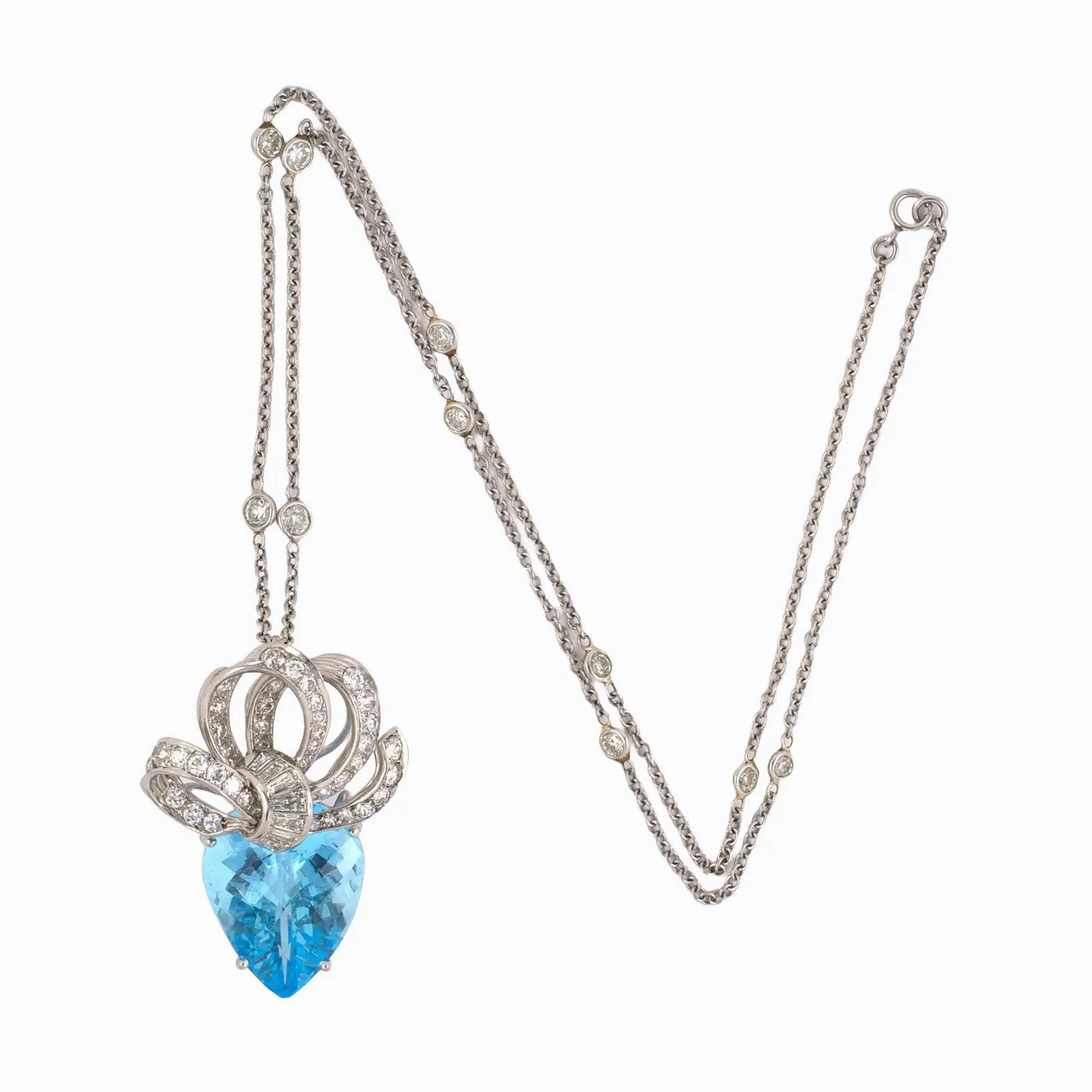 Blue Topaz &amp; Diamond Ribbon Bow Pendant Necklace