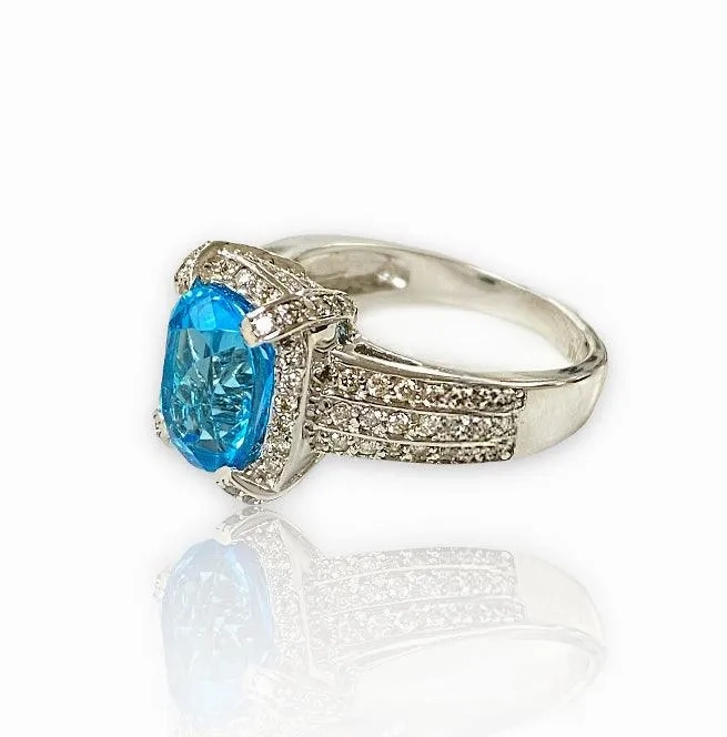 Blue Topaz Diamond Halo Ring