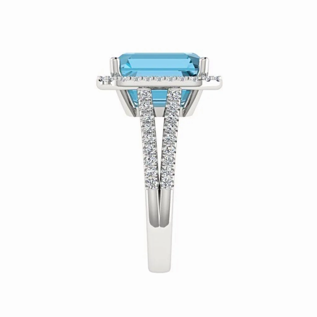 Blue Topaz Diamond Halo Ring 14K Gold