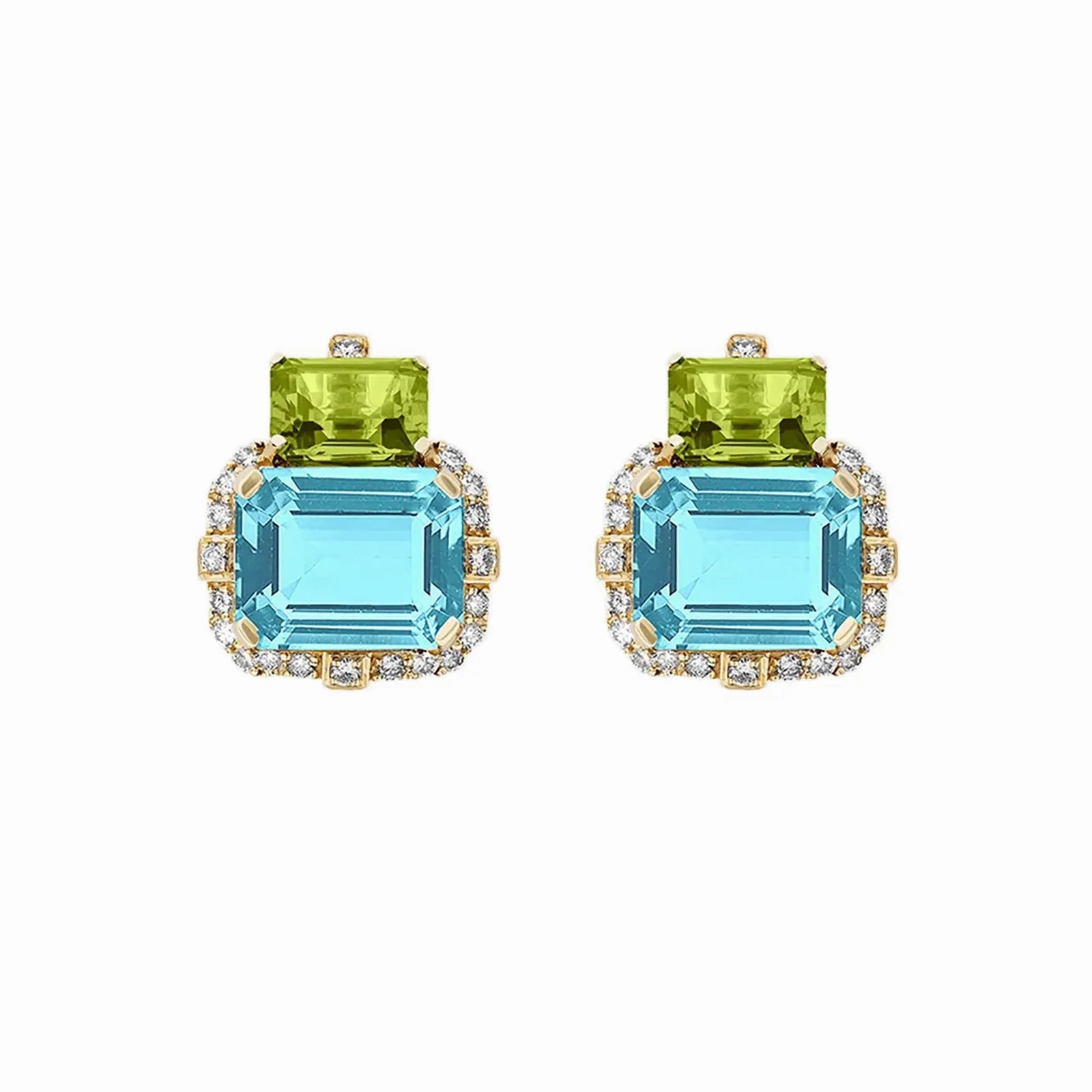 Blue Topaz, Peridot, and Diamnond Earrings