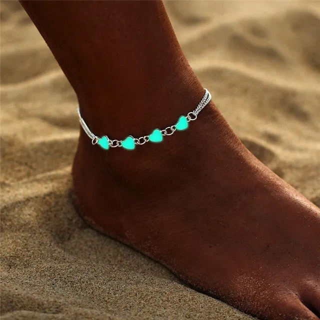 Bohemia Luminous Heart Pendant Anklets For Women Pretty Bracelet on the Leg Lover Anklet Fashion Female Foot Jewelry Party Gift
