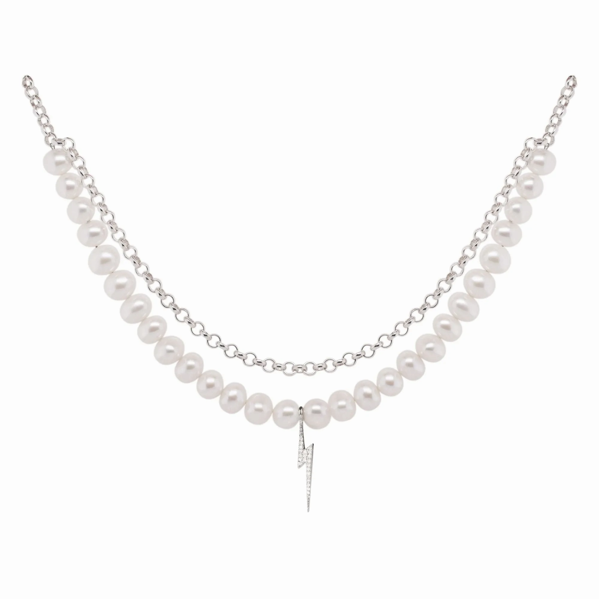 Bolt Silver Necklace w. Pearl &amp; Zirconia