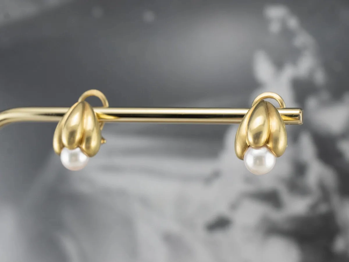 Botanical Brushed Gold Pearl Drop Earrings
