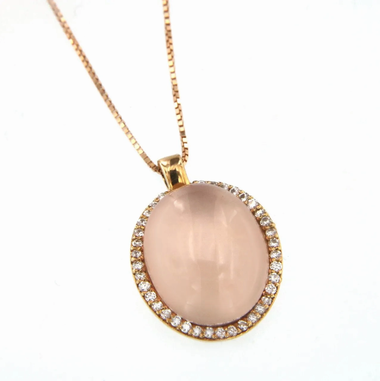Cabouchon 18K Rose Gold Necklace w. Diamonds &amp; Pink Quartz