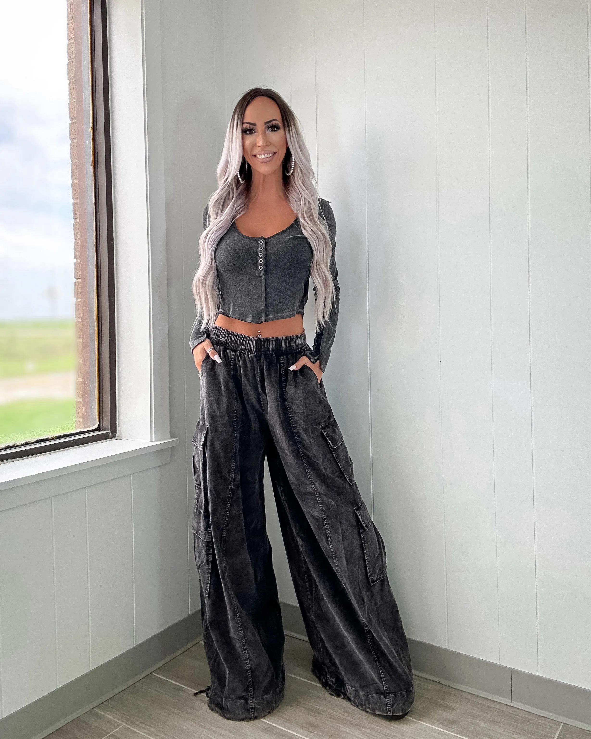 Camila Cordhose Cargo Weit geschnitten - Schwarz