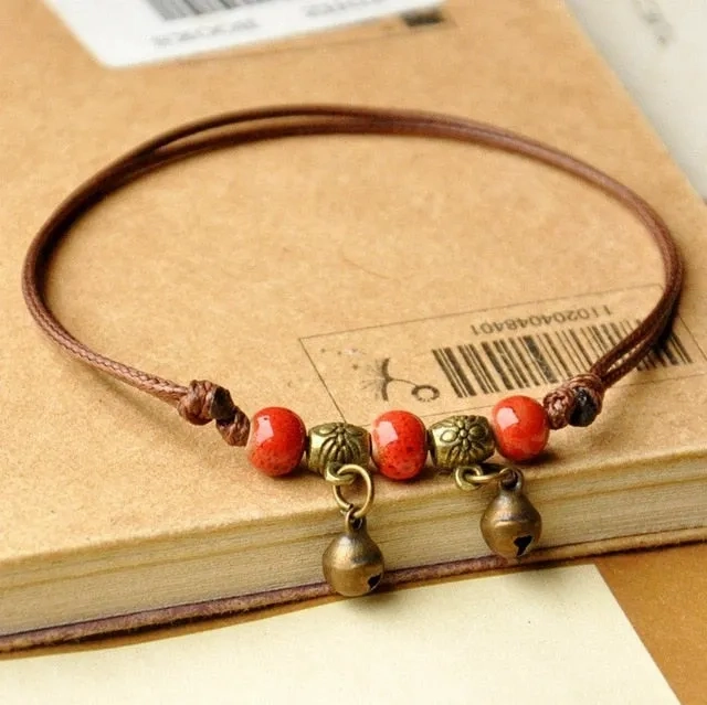 Ceramic Beads Bracelets Weave Rope Chain Silver Bronze Bell Charm Cuff Bangles Adjustable Wristbands Women Ethnic Jewelry Anklet