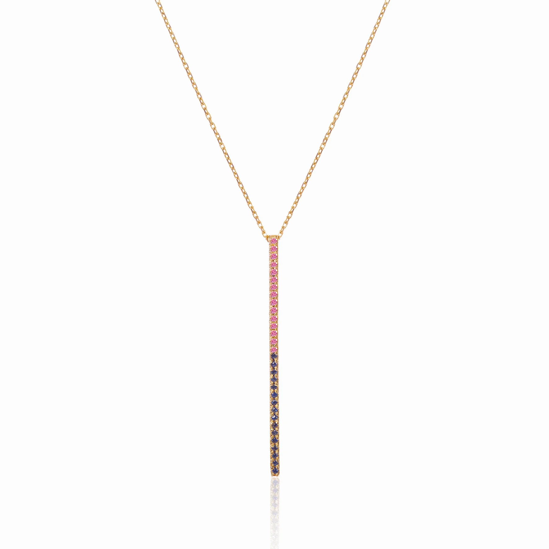 Claire Bar 18K Gold Necklace w. Pink &amp; Blue Sapphires