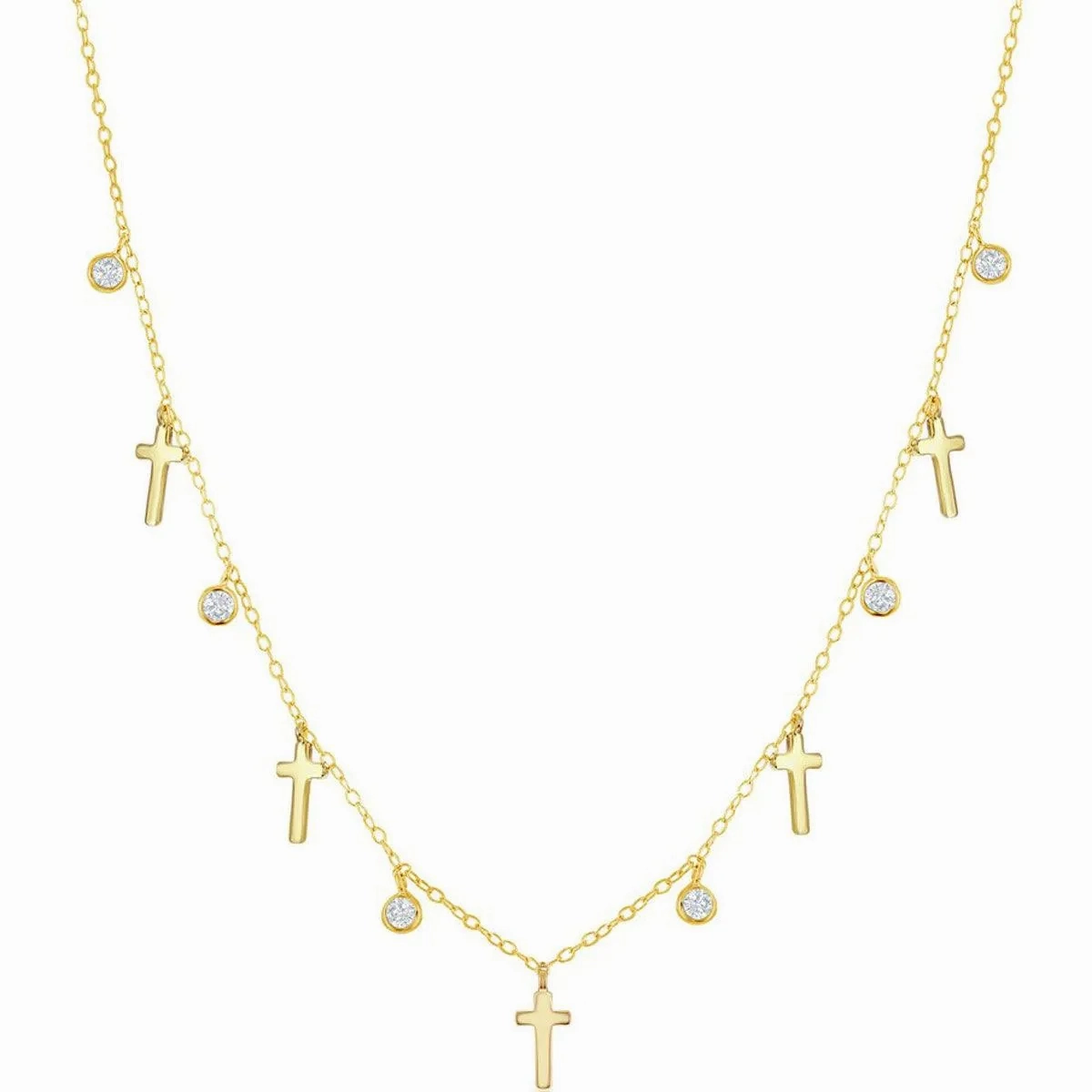 Classic Women's Necklace - Alternating GP Cross and Bezel-Set CZ | M-6802-GP