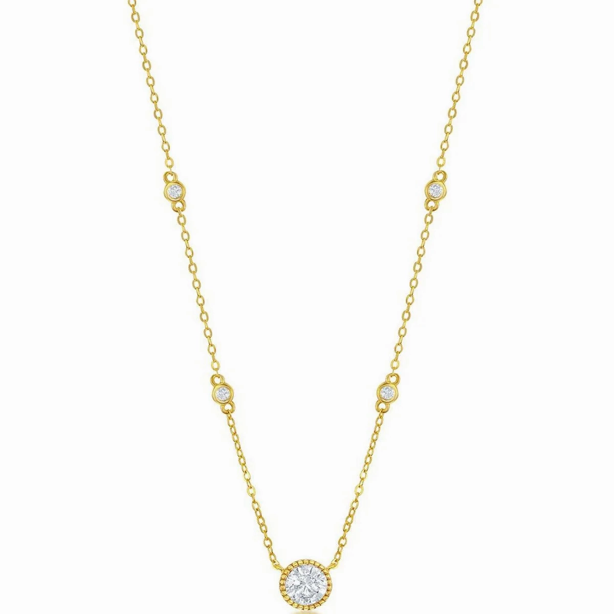 Classic Women's Necklace - GP Sterling Silver Round CZ Station | M-6886-GP