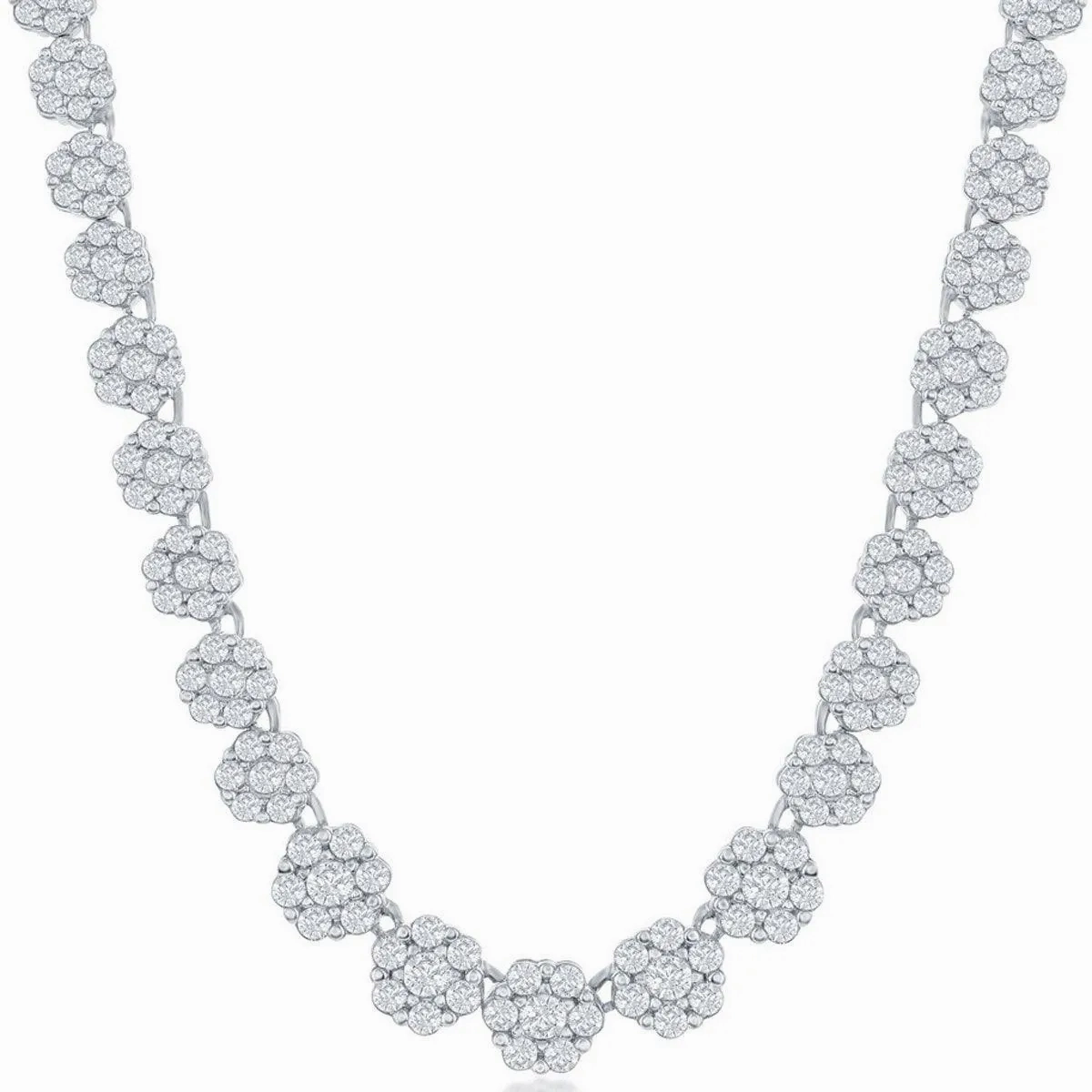 Classic Women's Necklace - Sterling Silver 4mm Graduating Flower CZ Tennis | M-6792
