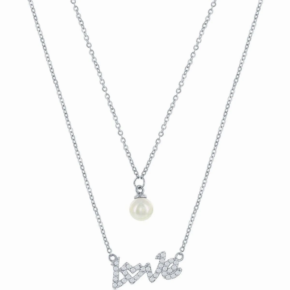 Classic Women's Necklace - Sterling Silver CZ LOVE and Round FWP Layered | M-6875