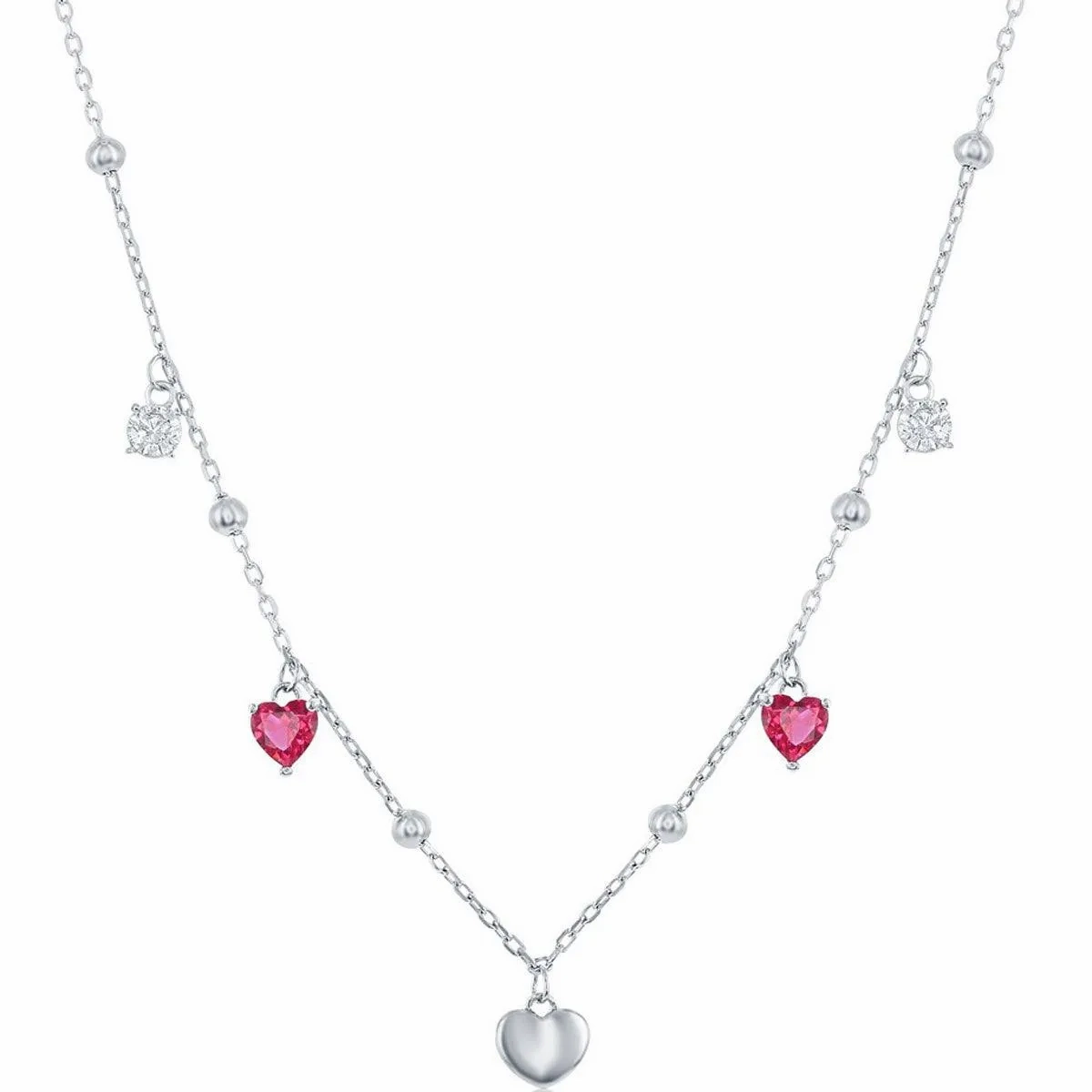 Classic Women's Necklace - Sterling Silver White and Ruby CZ Heart Beaded | M-6813