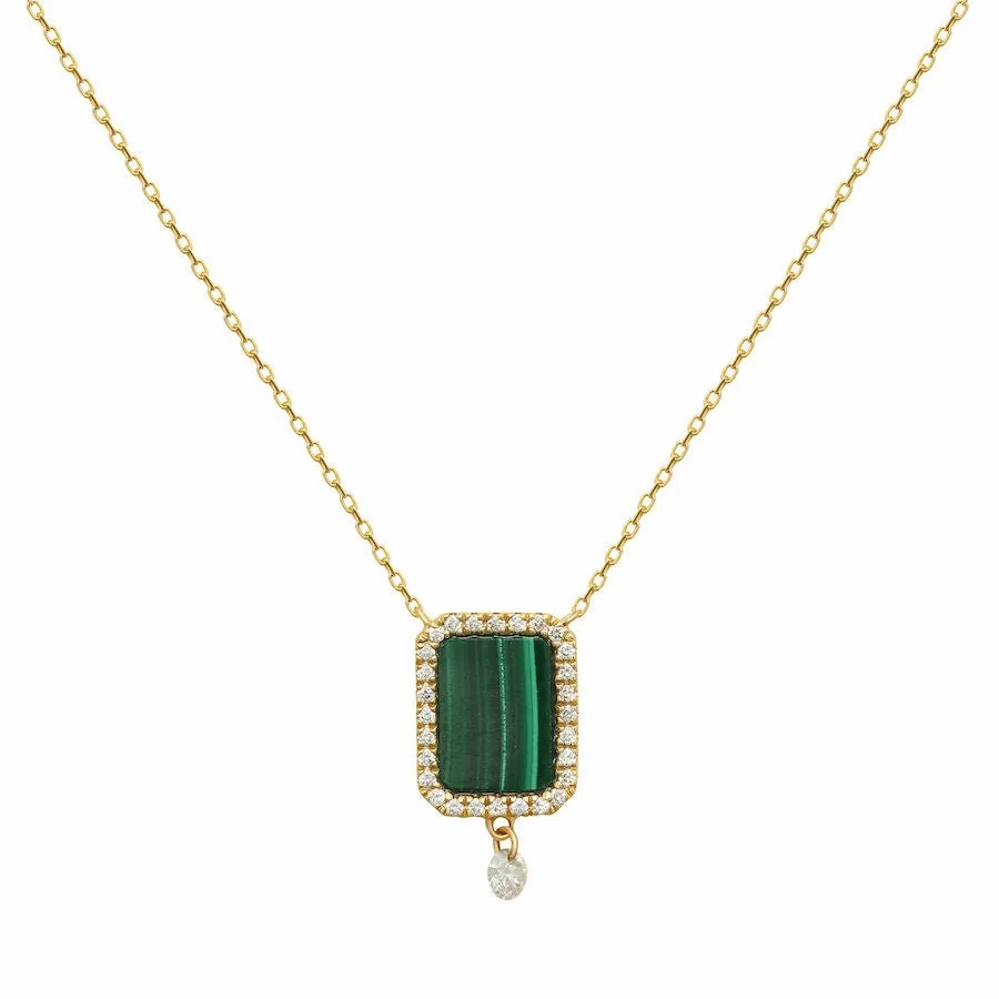 Collier Semi Precious 18K Gold Necklace w. Malachite &amp; Diamonds